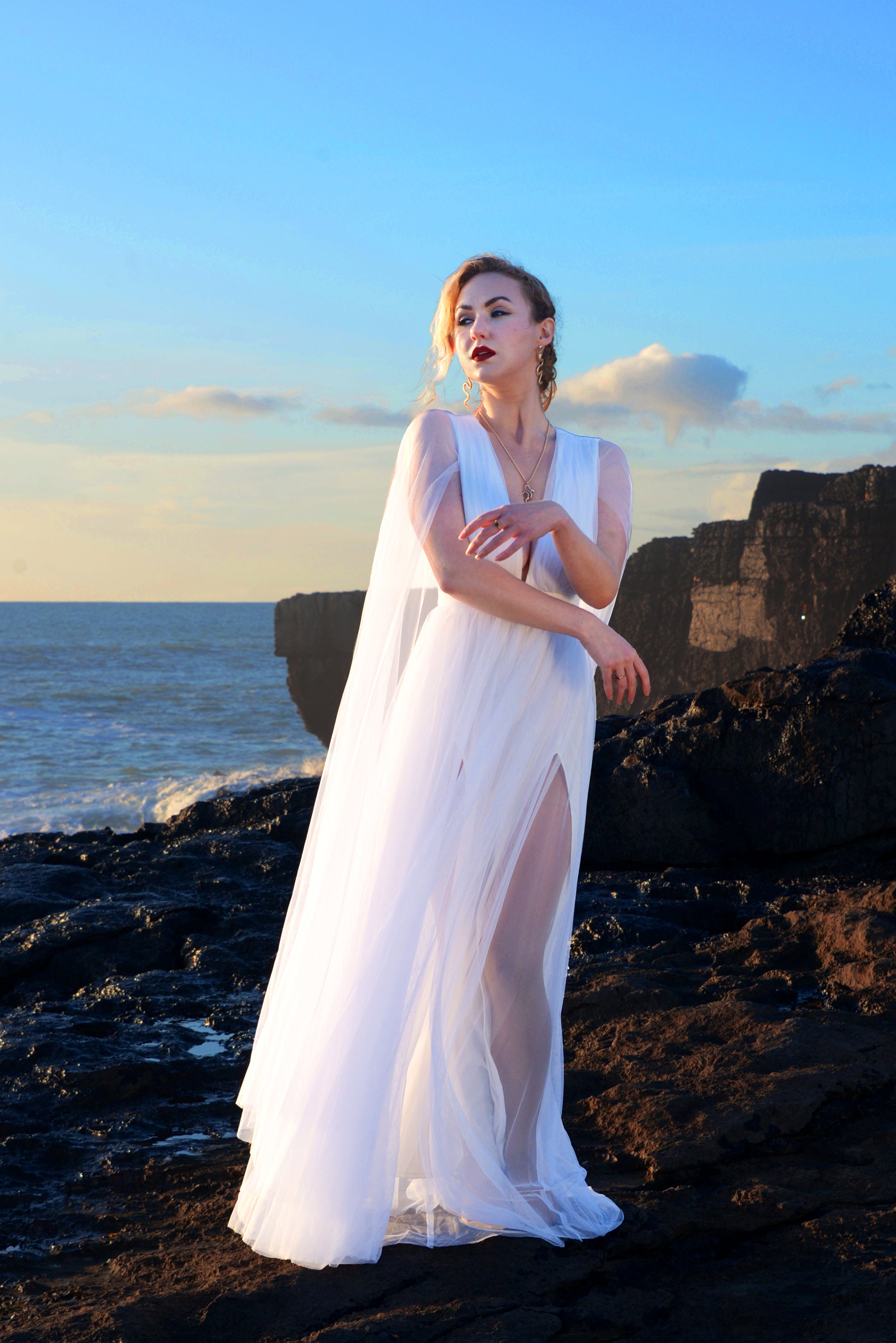 Bombshell Plunge Maxi Gown in Wedding White with Sheer Mesh Sleeves | Gothic Glamour-Tactilefable