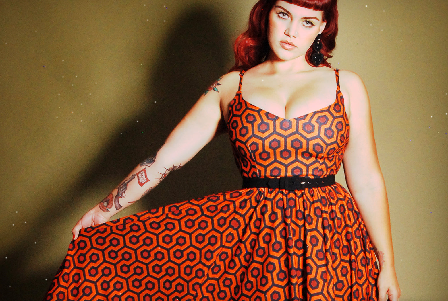 Amalie Ballerina Swing Dress in 60s Hotel Hexagon Print Stretch Crepe-Tactilefable