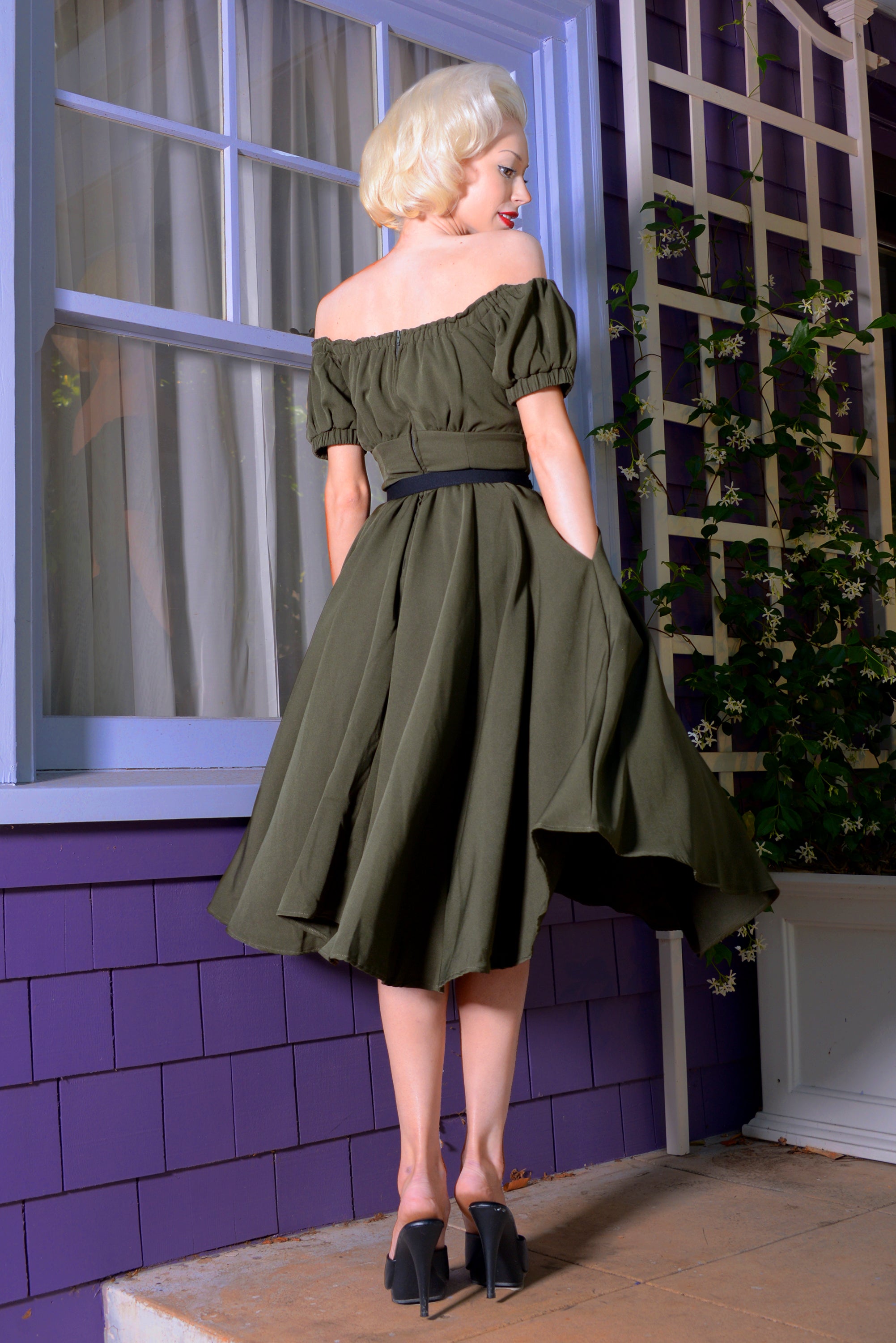 Marie-Therese Peasant Dress with Short Sleeves in Olive Poly Crepe | Pinup Couture-Tactilefable
