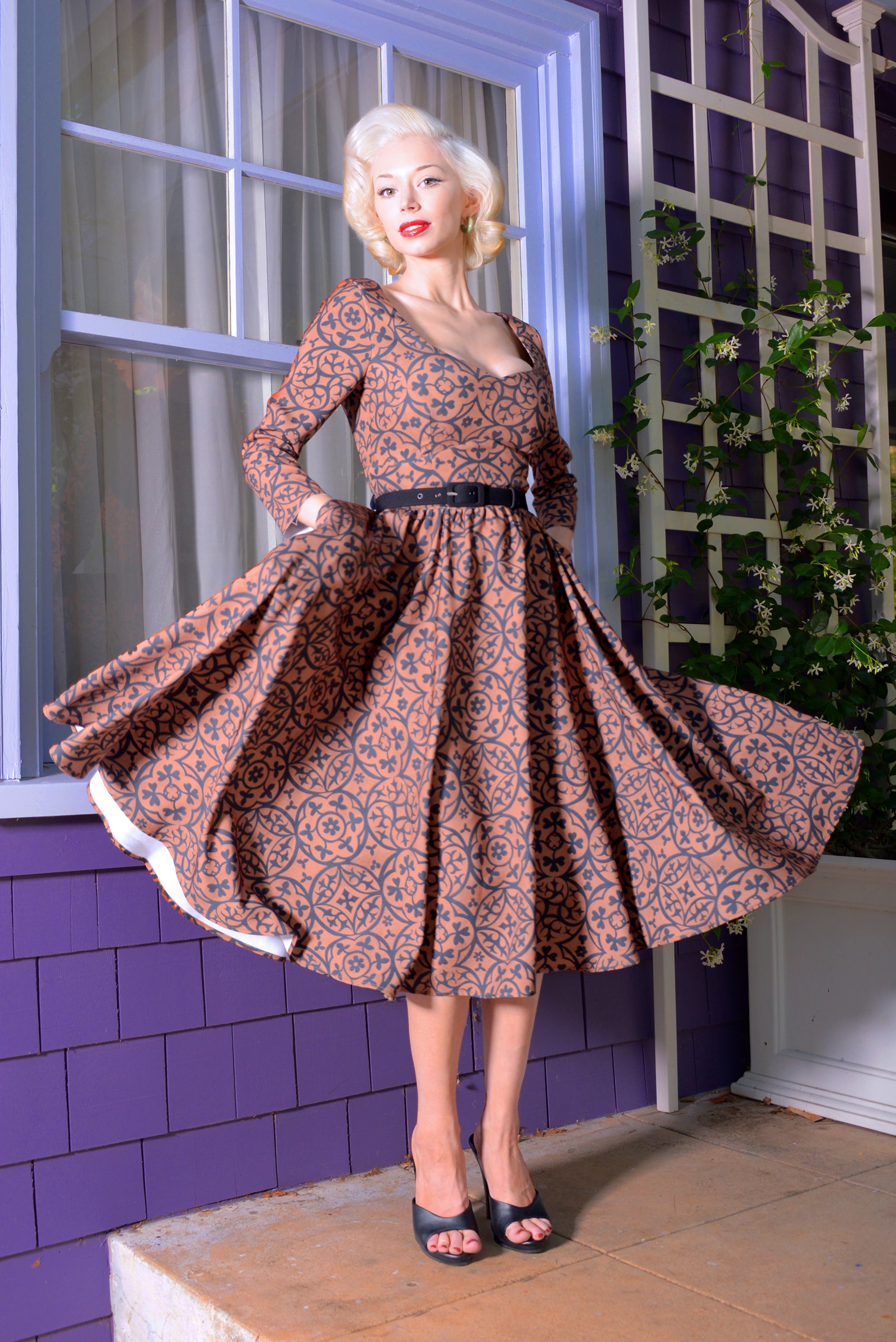 Priscilla Swing Dress in Gold and Black Medallions Print Stretch Twill-Tactilefable