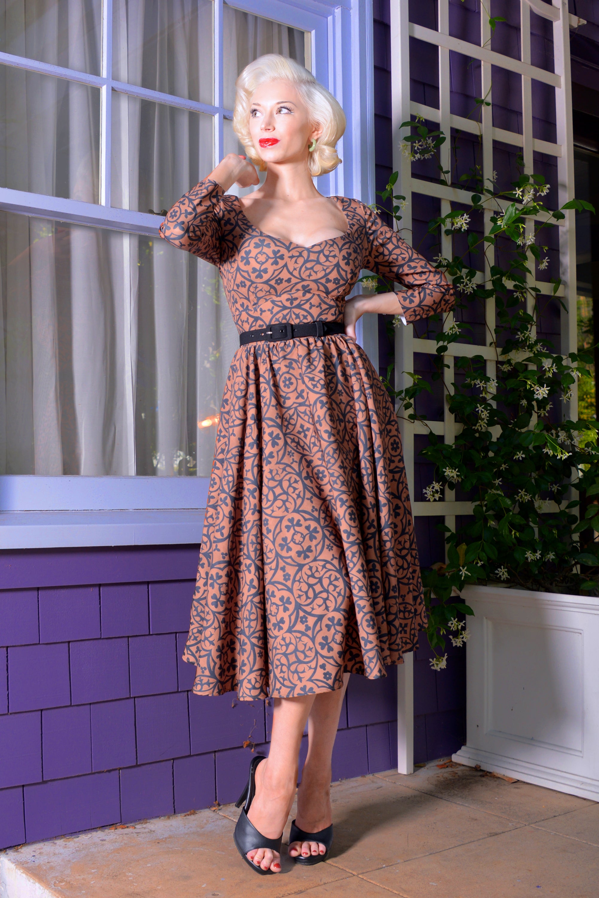 Priscilla Swing Dress in Gold and Black Medallions Print Stretch Twill-Tactilefable
