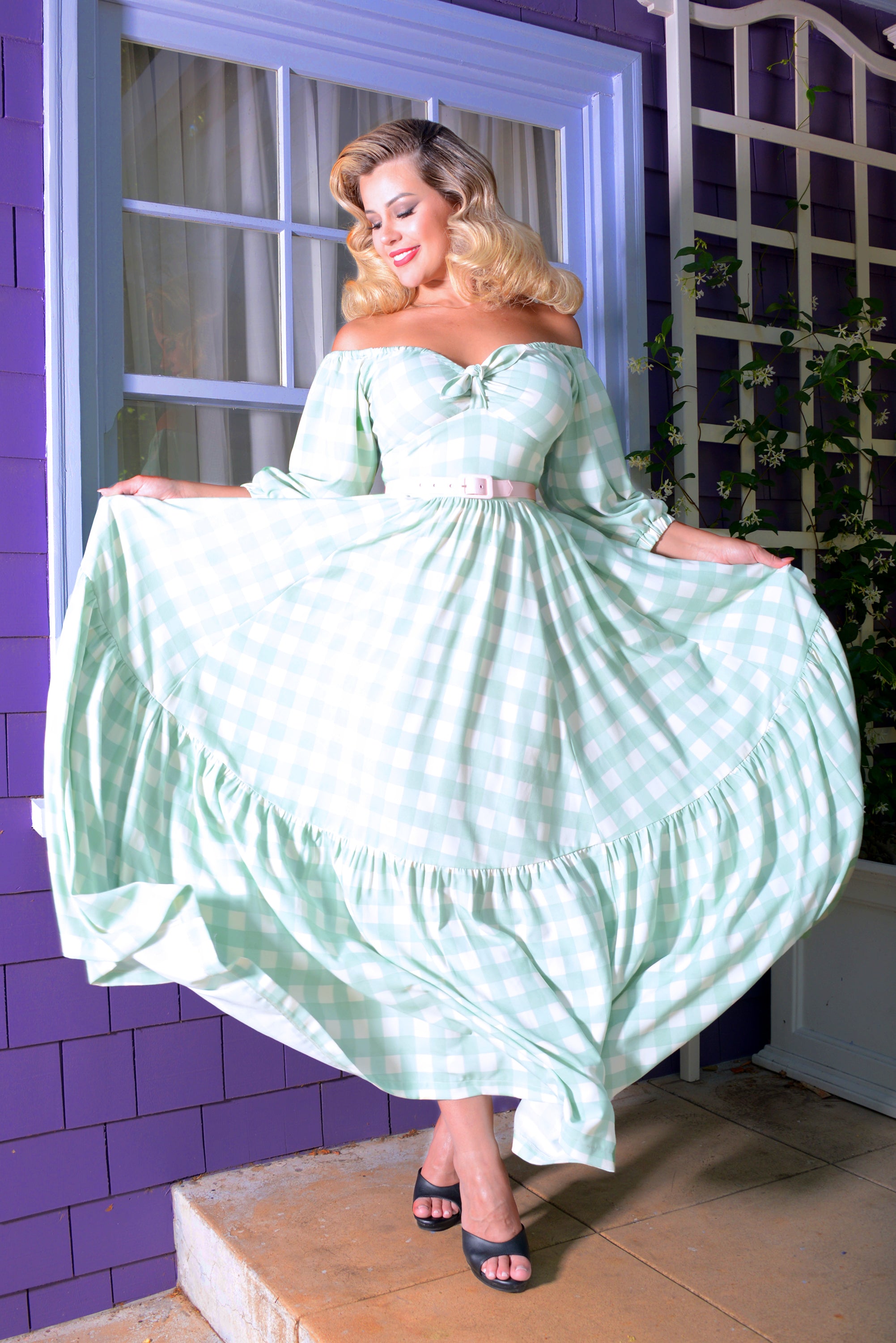 Molly 70s Vintage Maxi Gown in Sage Green Gingham-Tactilefable