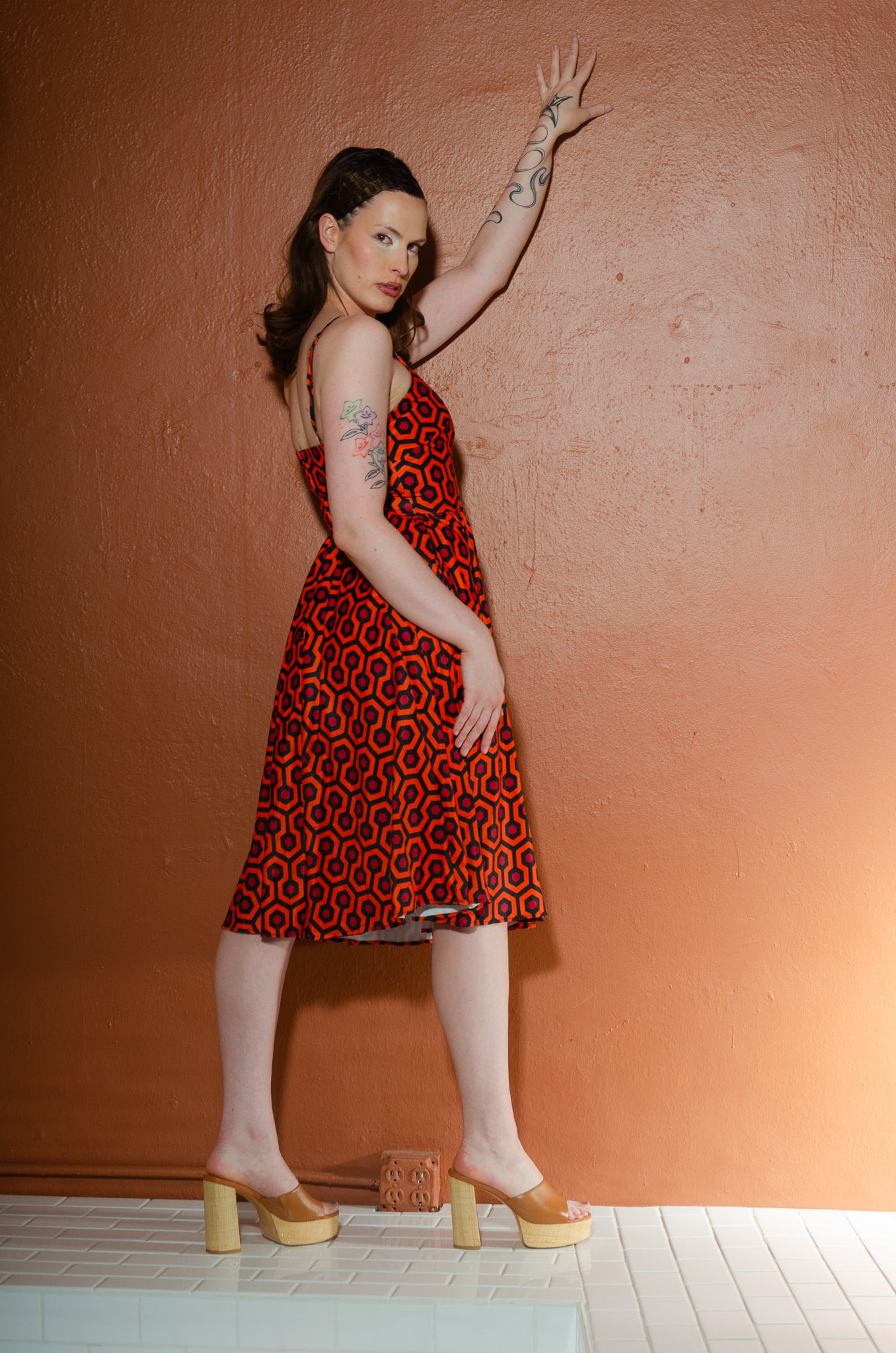 Amalie Ballerina Swing Dress in 60s Hotel Hexagon Print Stretch Crepe-Tactilefable