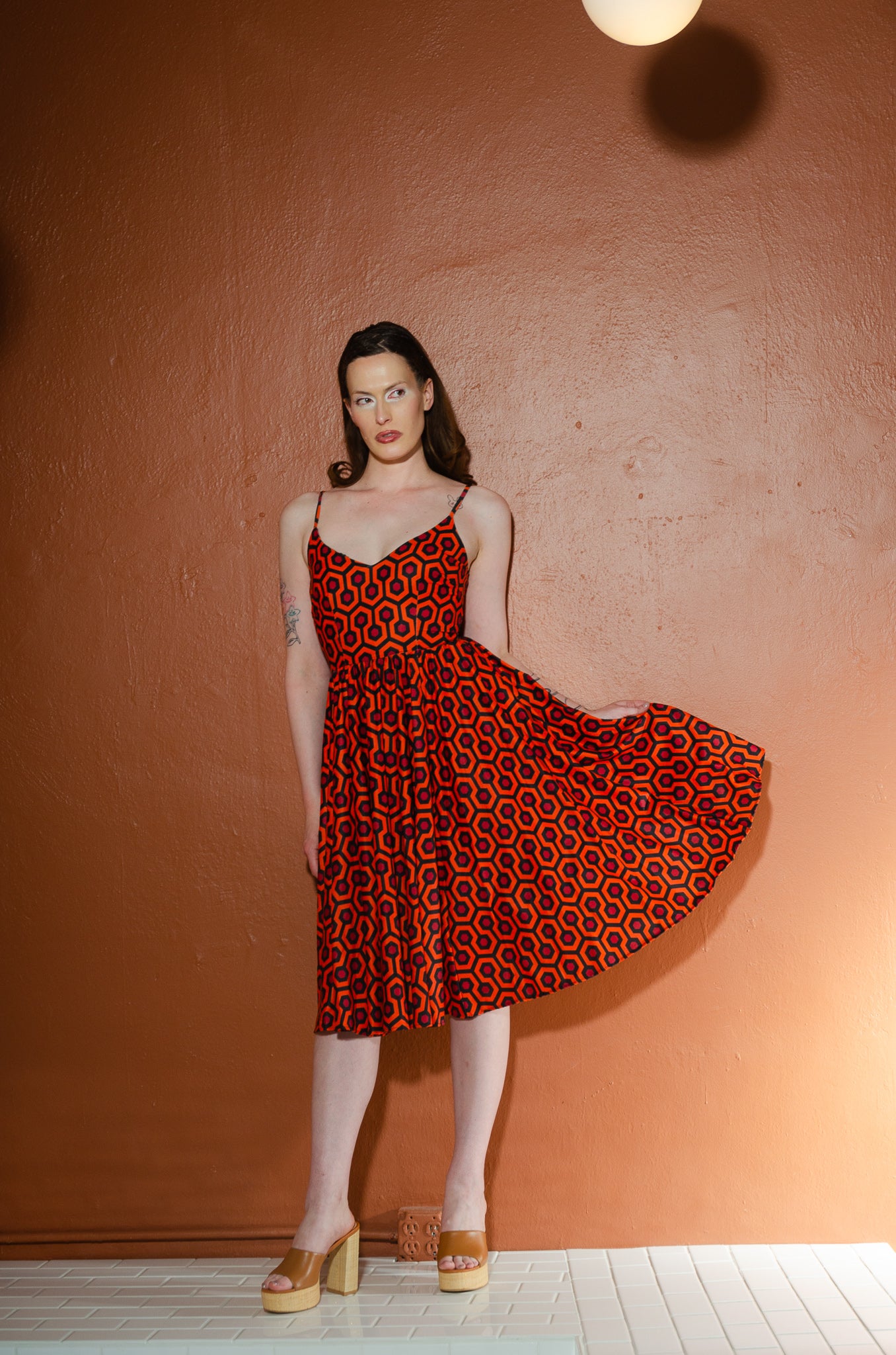 Amalie Ballerina Swing Dress in 60s Hotel Hexagon Print Stretch Crepe-Tactilefable