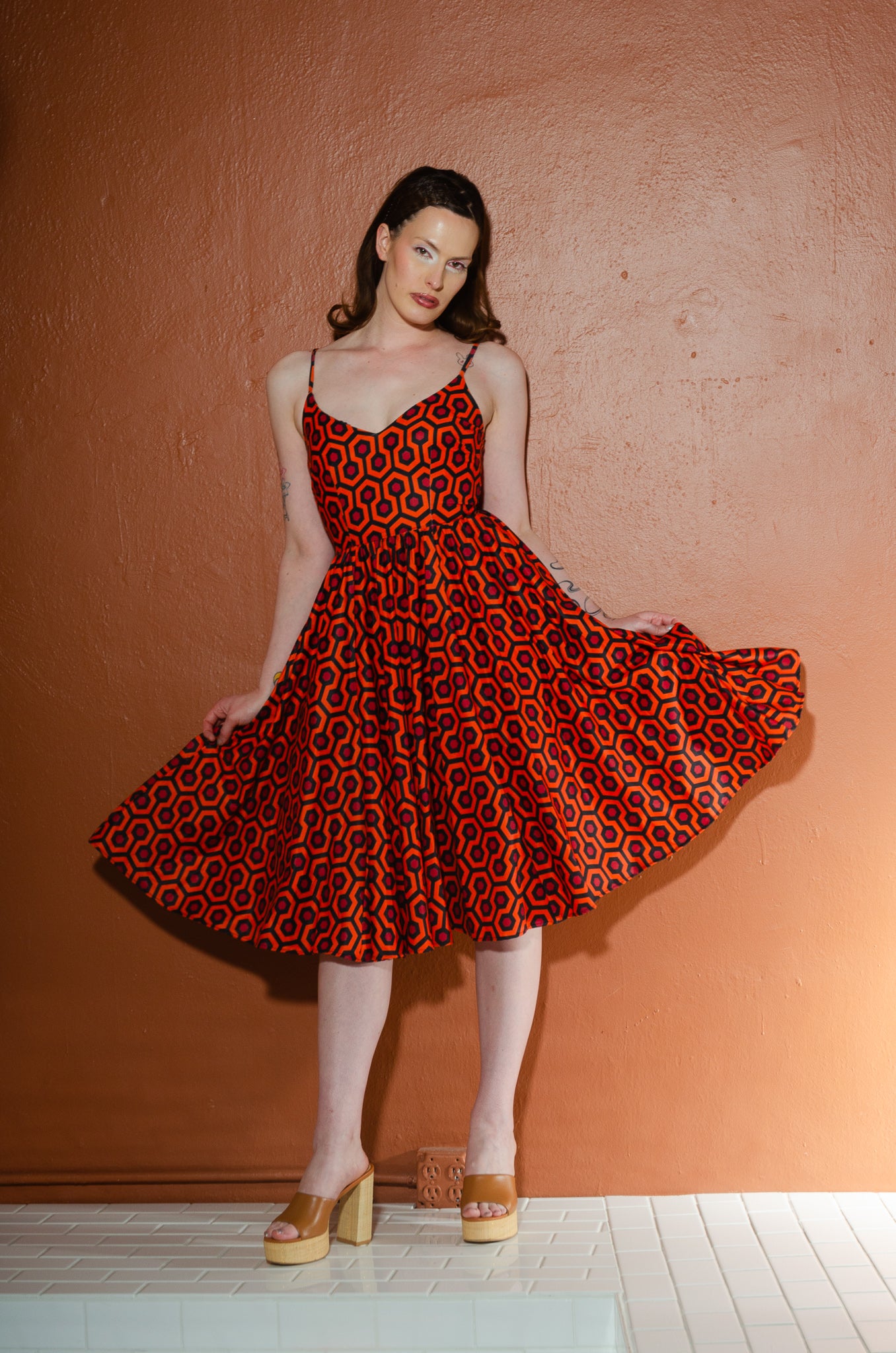 Amalie Ballerina Swing Dress in 60s Hotel Hexagon Print Stretch Crepe-Tactilefable
