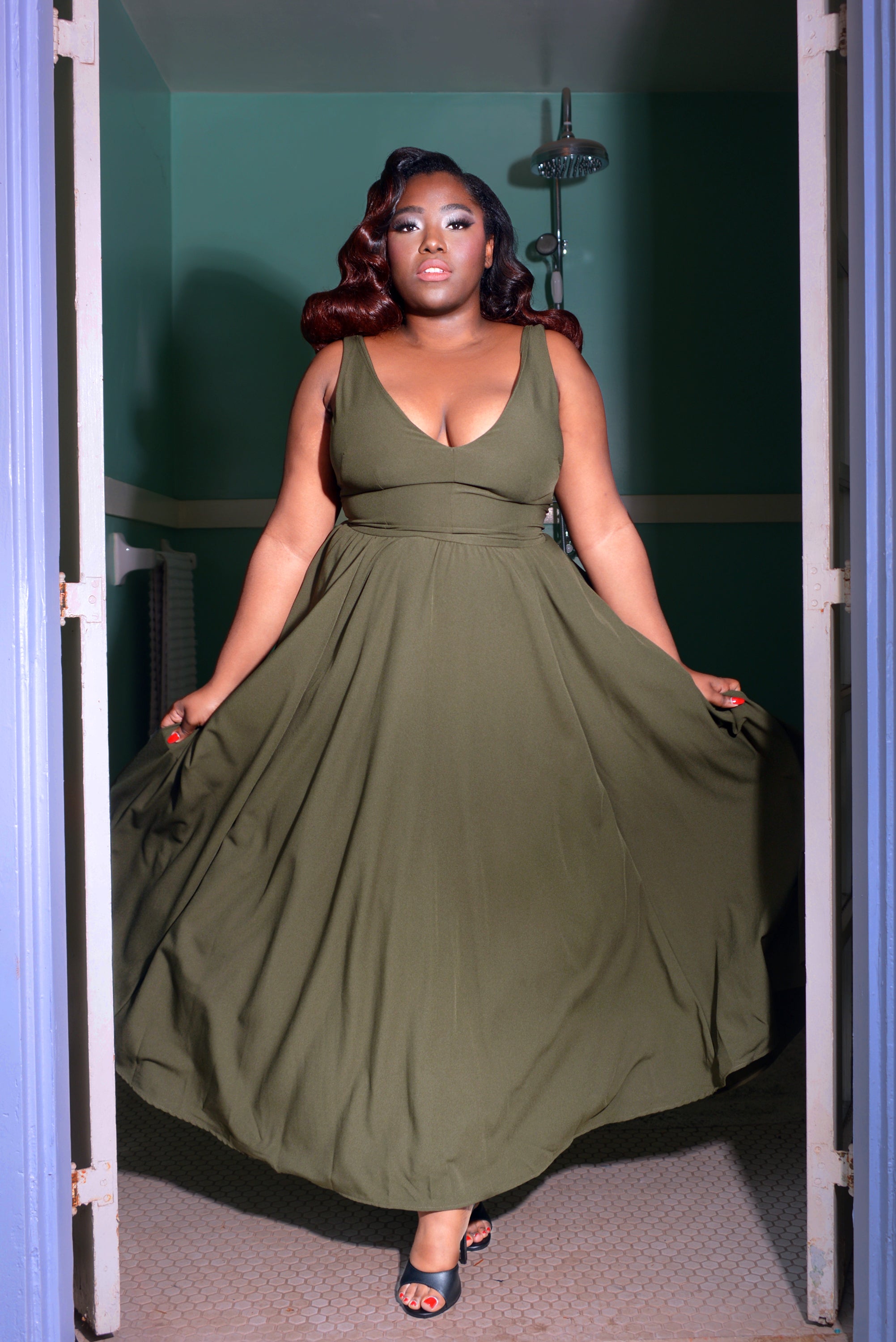 Tara Deep V-Neck 70s Maxi Dress in Solid Olive Stretch Crepe | Laura Byrnes-Tactilefable