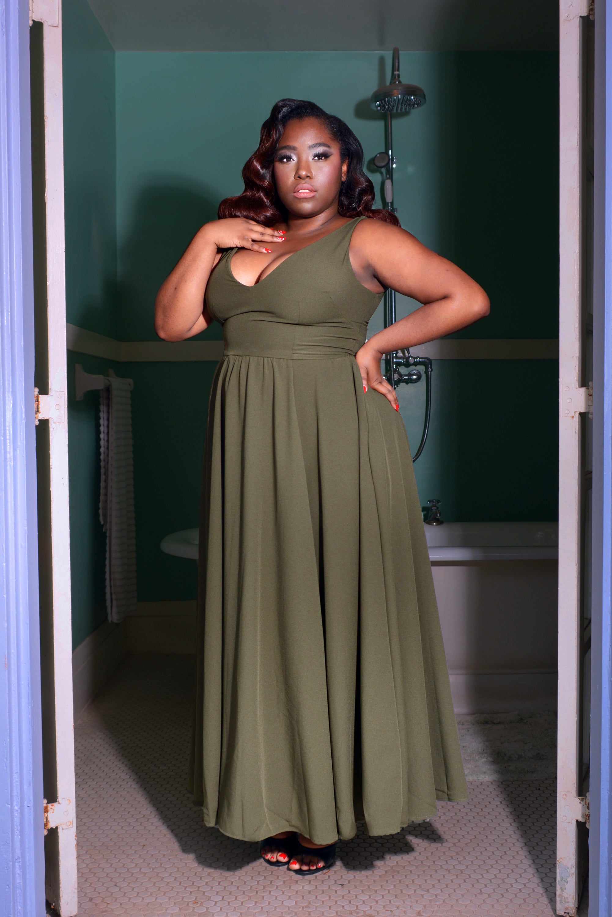 Tara Deep V-Neck 70s Maxi Dress in Solid Olive Stretch Crepe | Laura Byrnes-Tactilefable