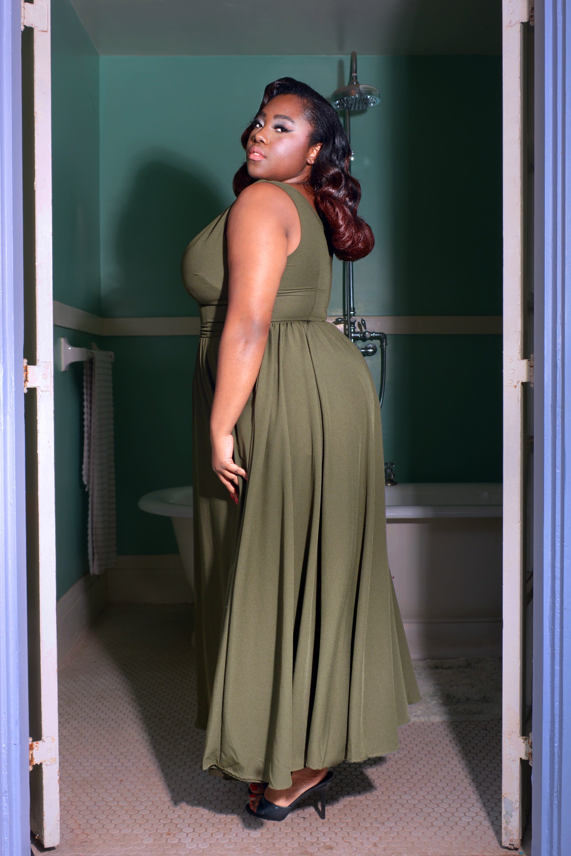 Tara Deep V-Neck 70s Maxi Dress in Solid Olive Stretch Crepe | Laura Byrnes-Tactilefable
