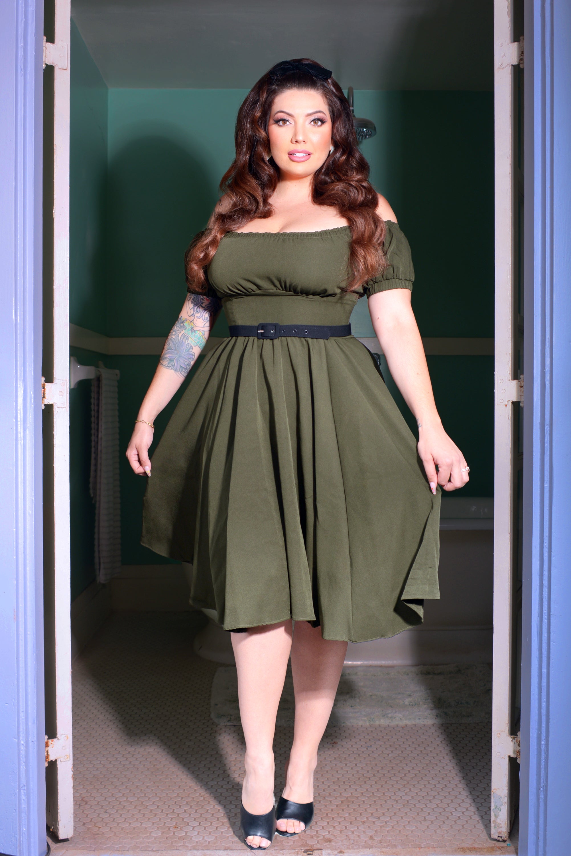 Marie-Therese Peasant Dress with Short Sleeves in Olive Poly Crepe | Pinup Couture-Tactilefable