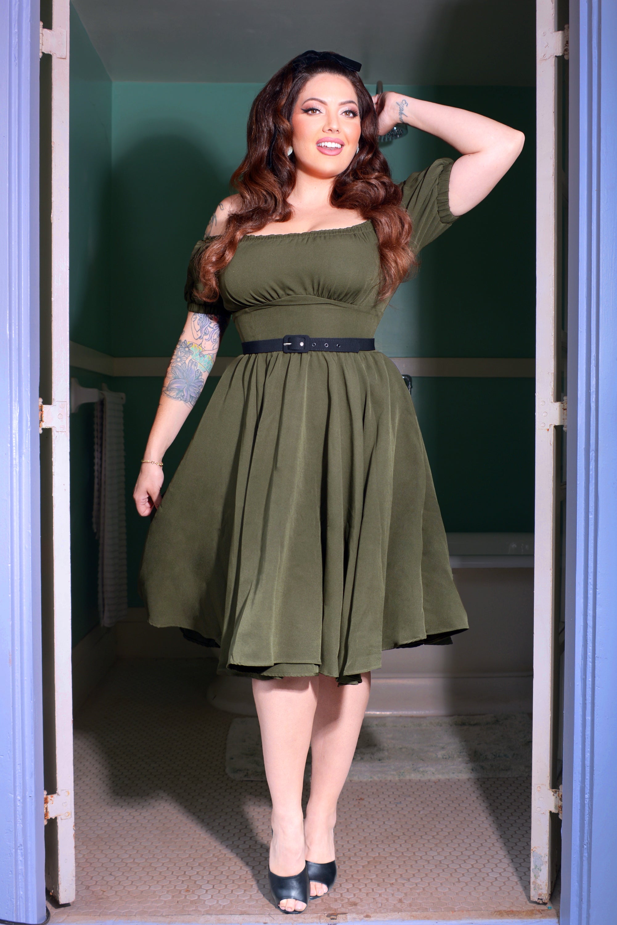 Marie-Therese Peasant Dress with Short Sleeves in Olive Poly Crepe | Pinup Couture-Tactilefable