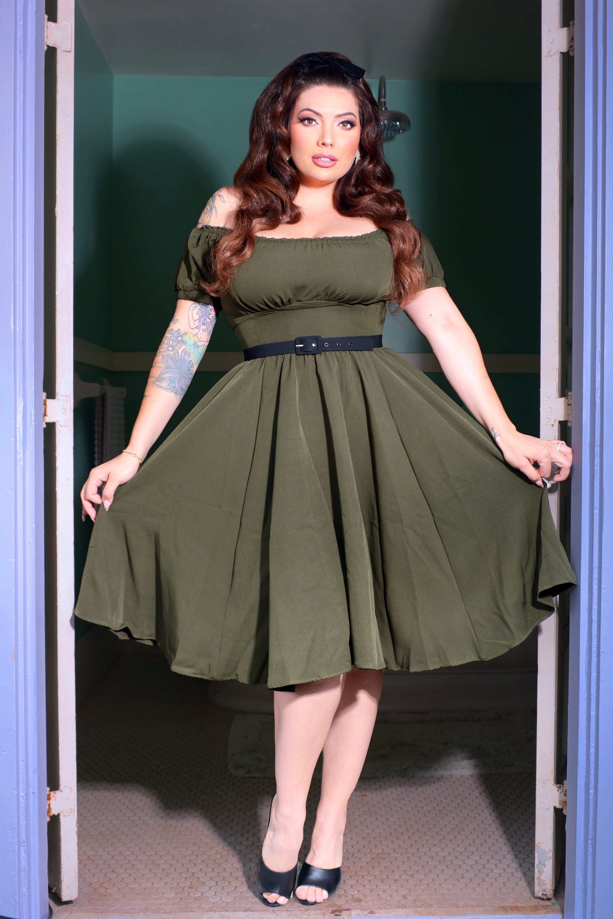 Marie-Therese Peasant Dress with Short Sleeves in Olive Poly Crepe | Pinup Couture-Tactilefable