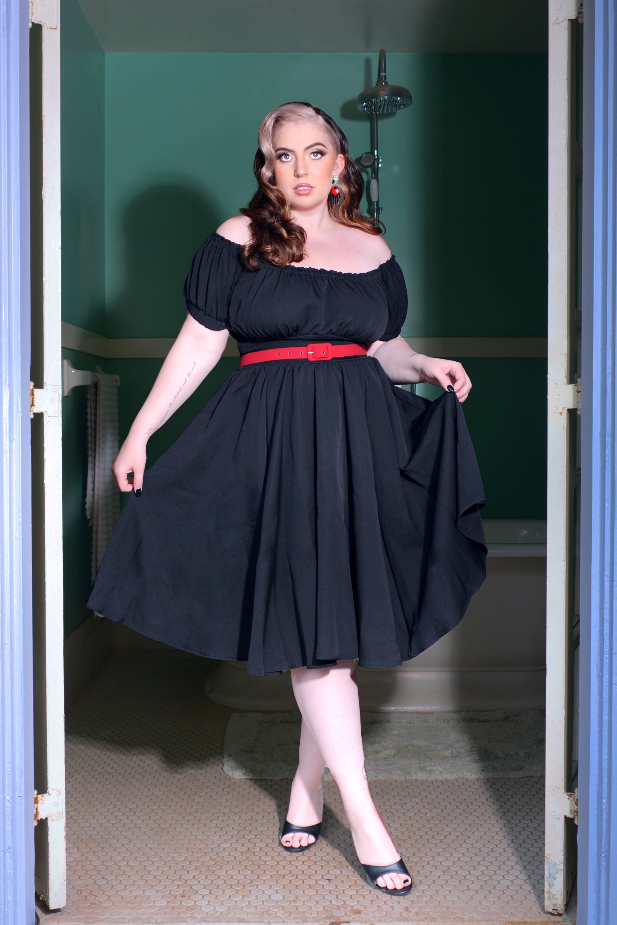Marie-Therese Peasant Dress with Short Sleeves in Black Poly Crepe-Tactilefable