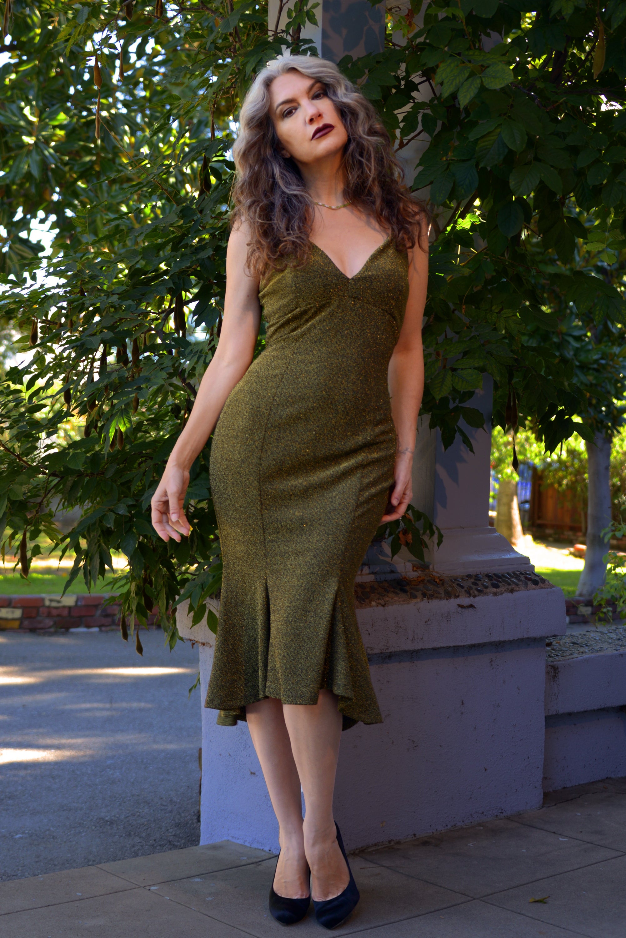 Venus Midi Slip Dress in Gold Stretch Lurex  Knit | Laura Byrnes Design-Tactilefable