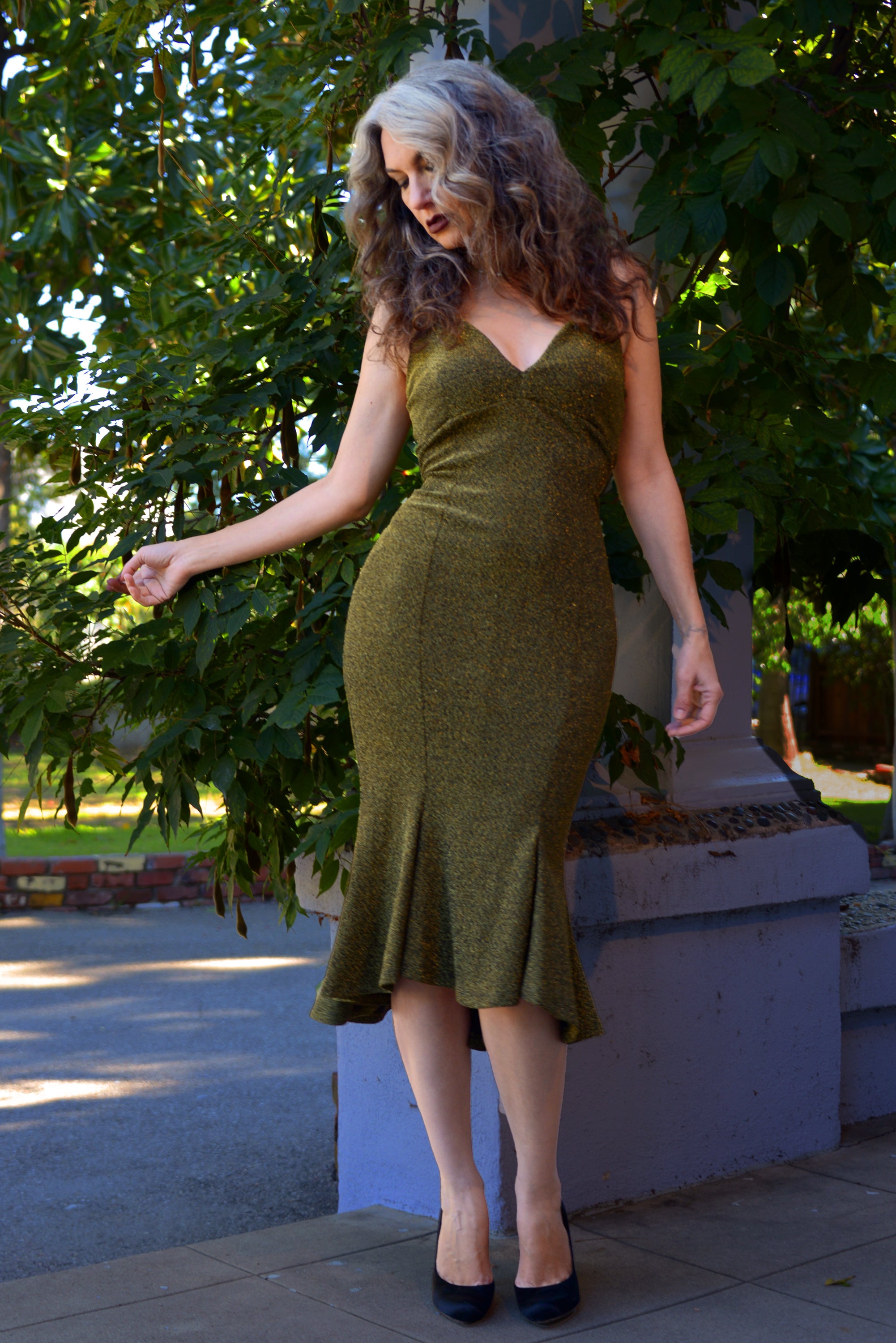 Venus Midi Slip Dress in Gold Stretch Lurex  Knit | Laura Byrnes Design-Tactilefable
