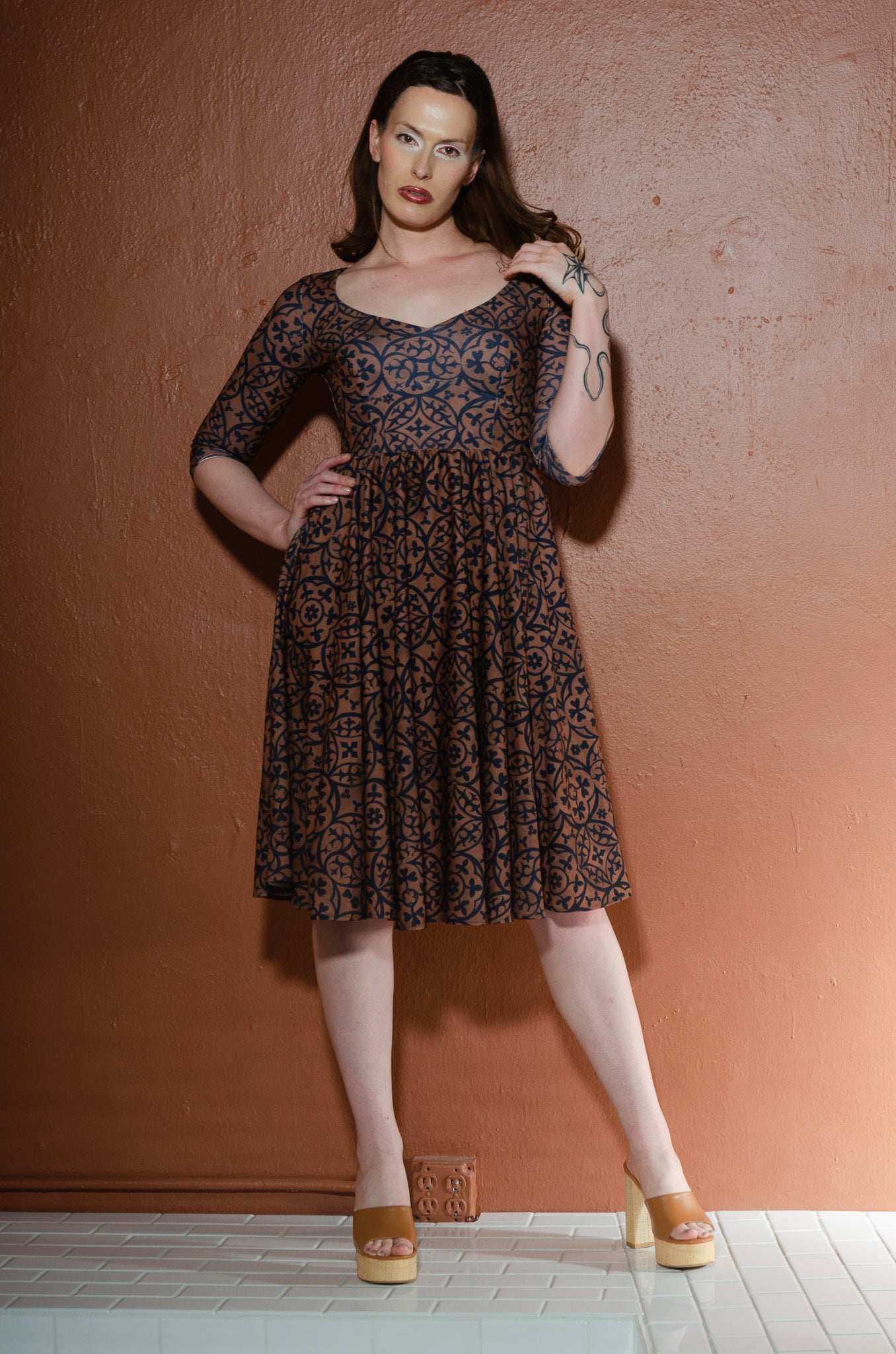Priscilla Swing Dress in Gold and Black Medallions Print Stretch Twill-Tactilefable