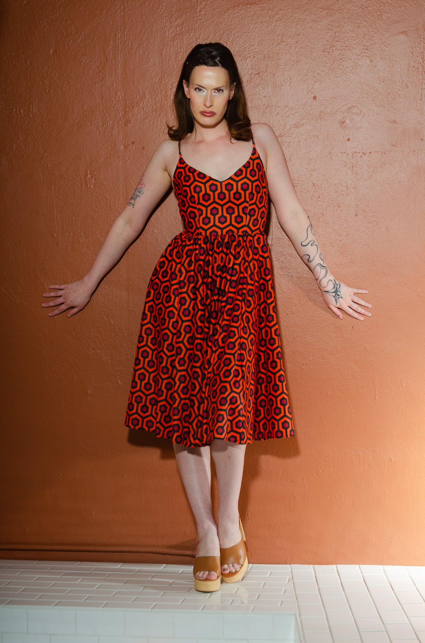 Amalie Ballerina Swing Dress in 60s Hotel Hexagon Print Stretch Crepe-Tactilefable