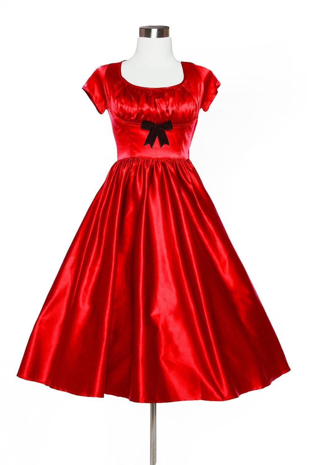 Evelyn Vintage Cocktail Dress in Red Bridal Satin-Tactilefable