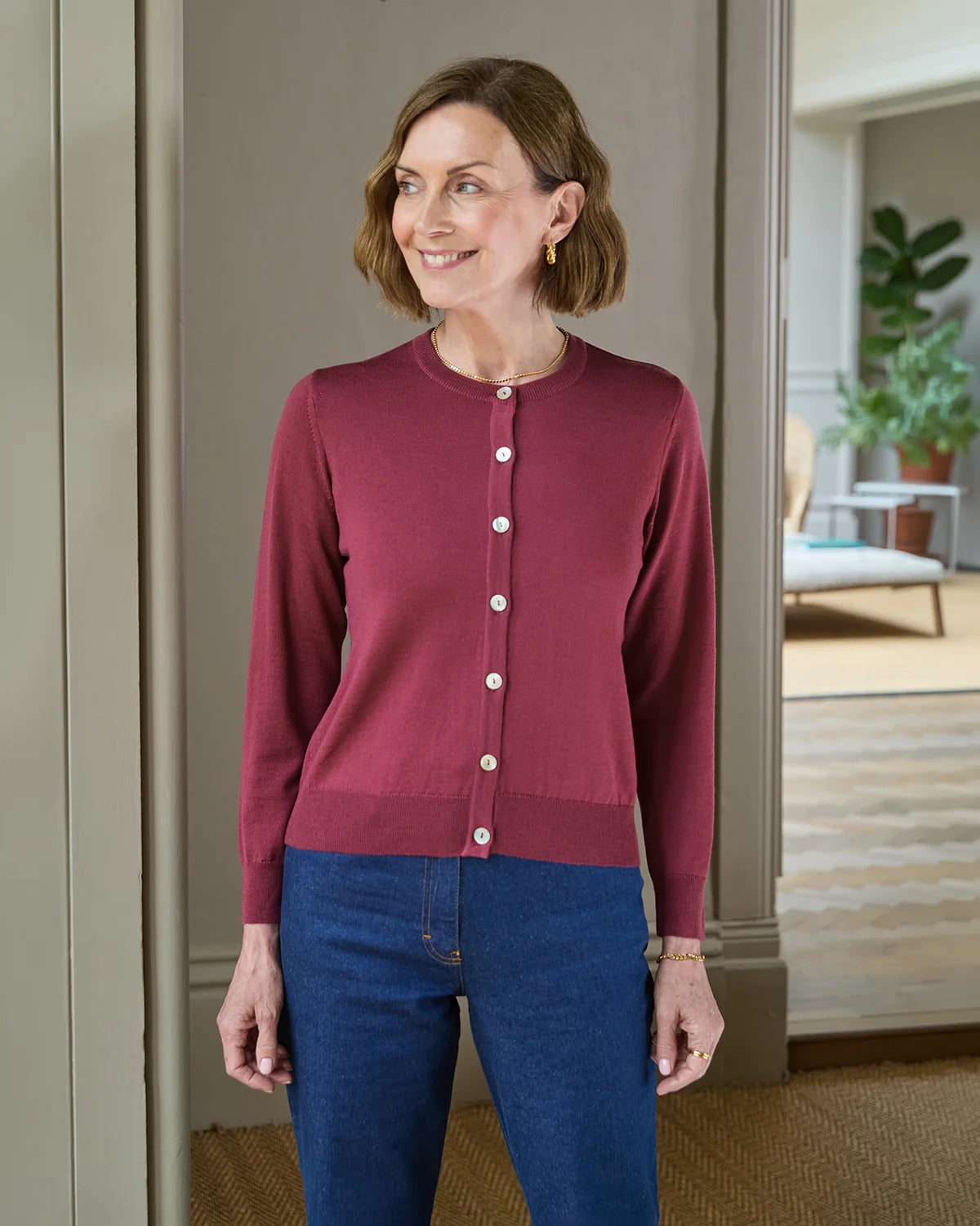 Ladies’ Pure Merino Wool Short Cardigan – Rosewood-Tactilefable
