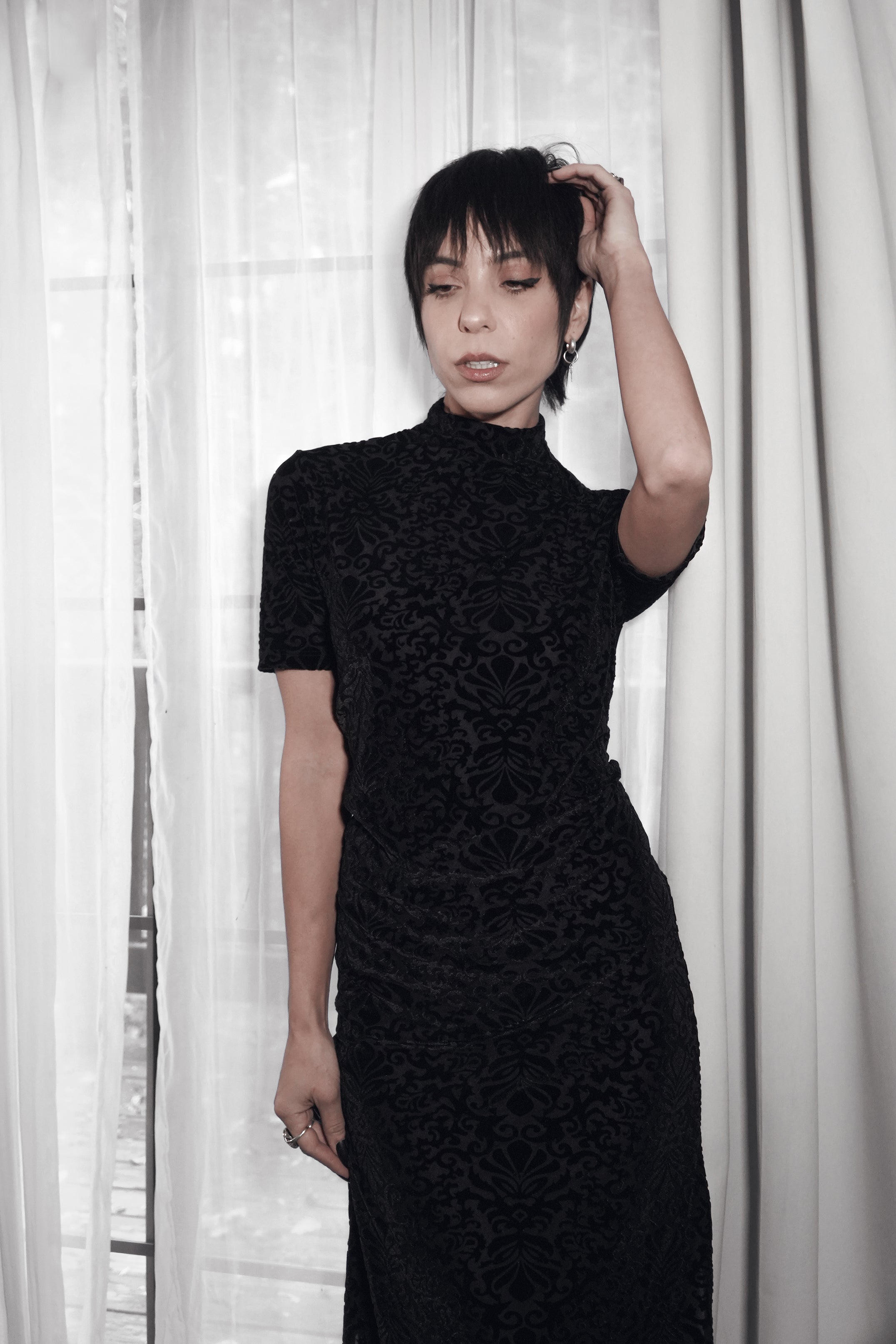Dark Solstice Velvet Burnout Dress-Tactilefable