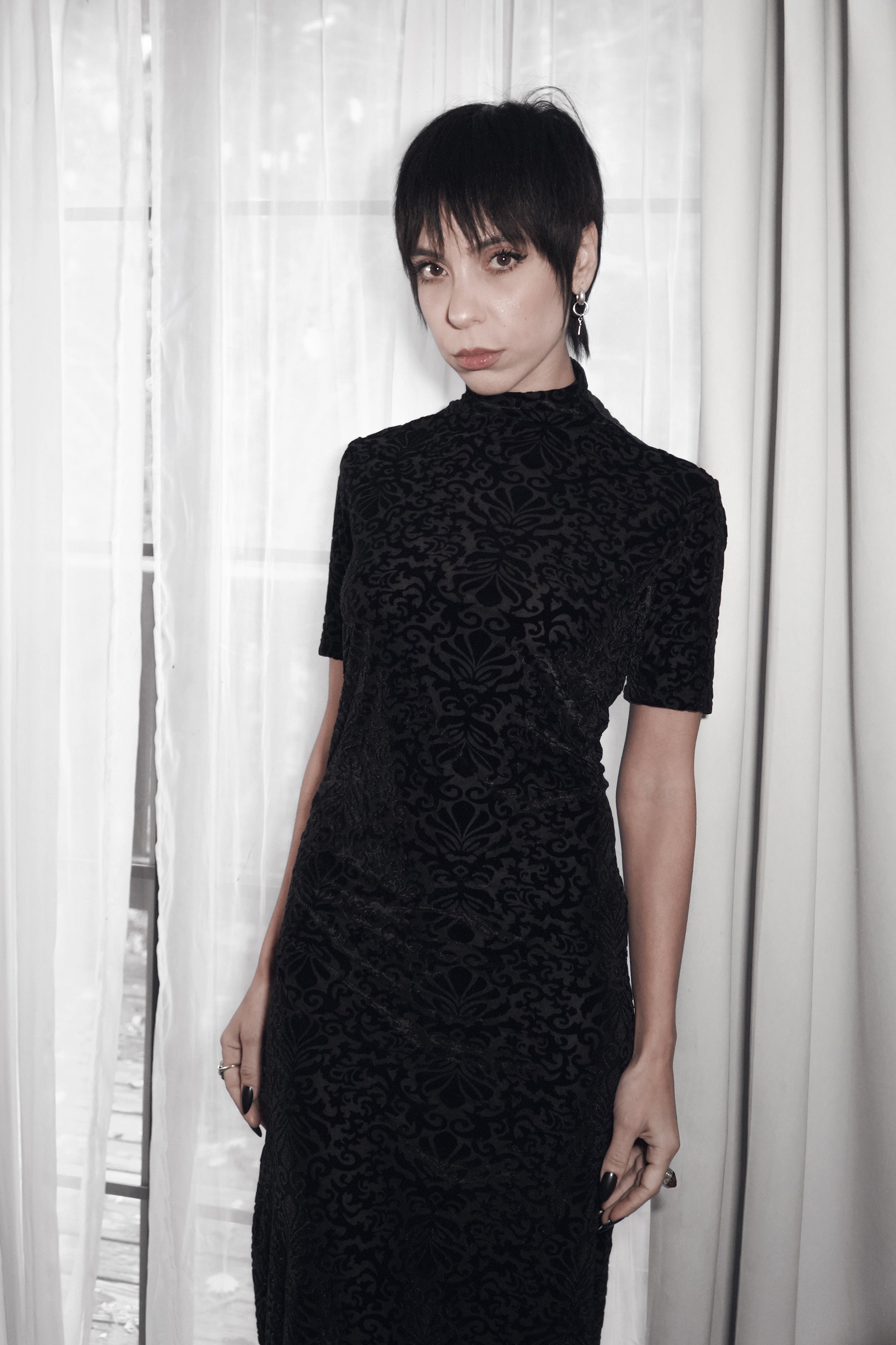 Dark Solstice Velvet Burnout Dress-Tactilefable