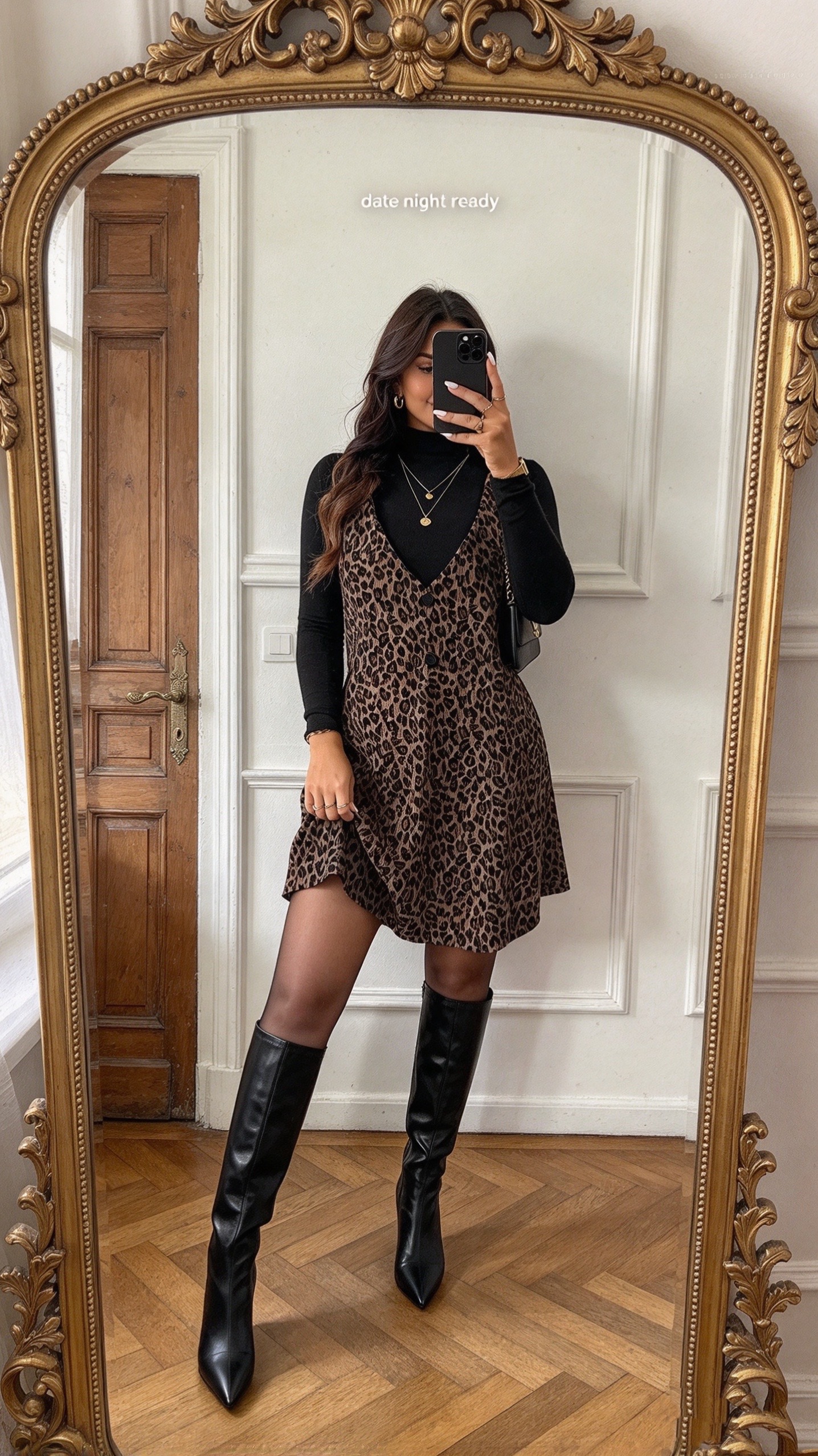Women's High Neck Long Sleeve Inner Layer & Leopard Print Strap Skirt Matching Set
