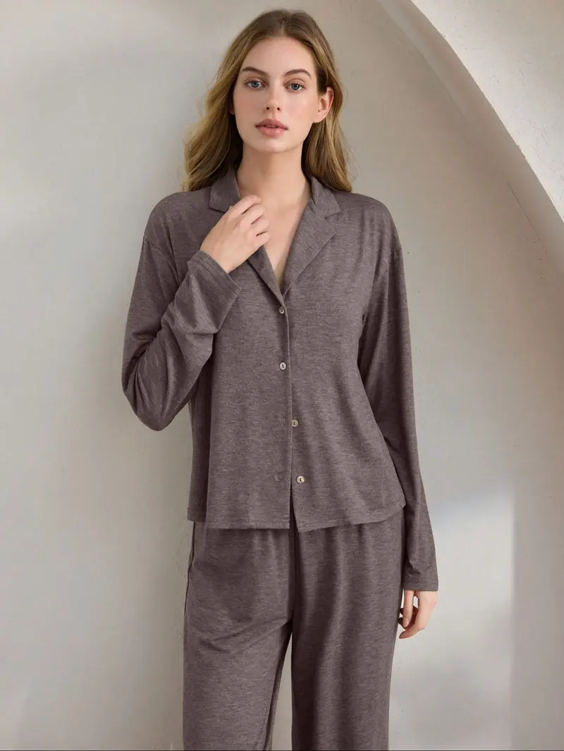 Women's Casual Fall Winter Pajama Set, Soft Skin-Friendly Fabric, Long Sleeve Lapel Design, Indoor Outdoor Wear, Two-Piece Sleepwear
