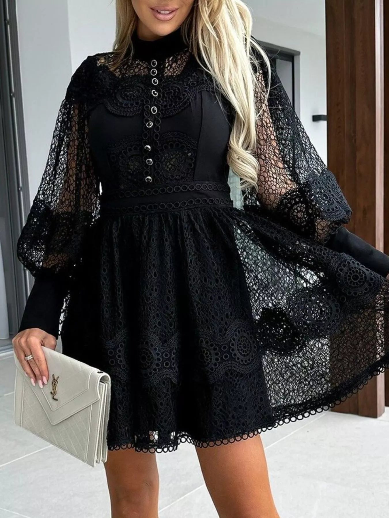 Althea Vintage Lace Lantern Sleeve Mini Dress | 2 Colors | Poundton-Tactilefable