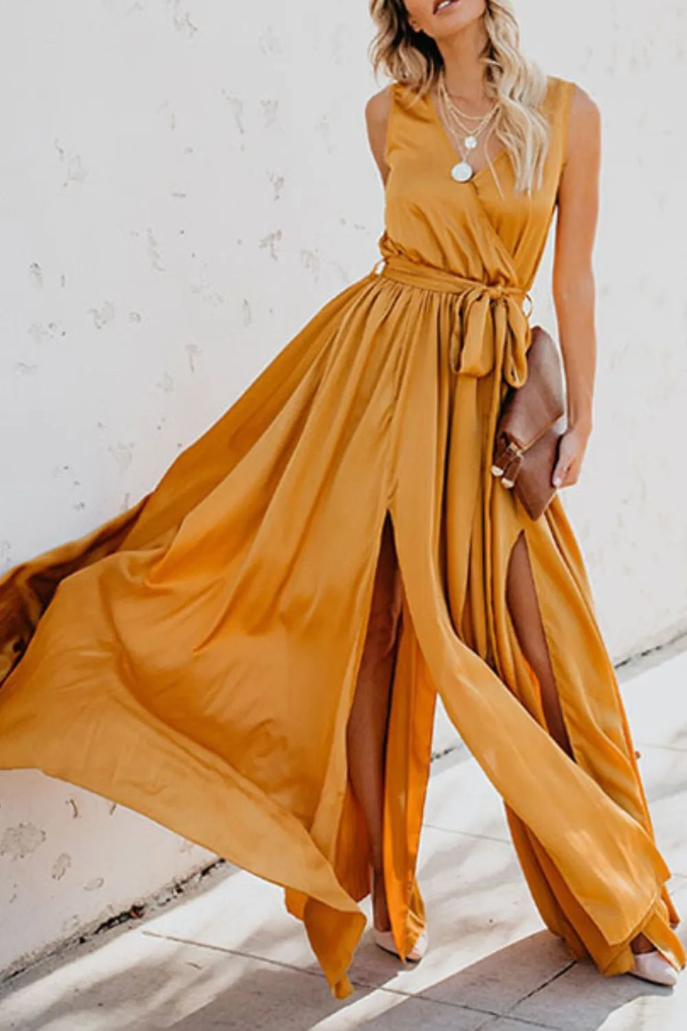 Gilded Hour Surplice Tie Waist Maxi Dress | 3 colors | Poundton-Tactilefable