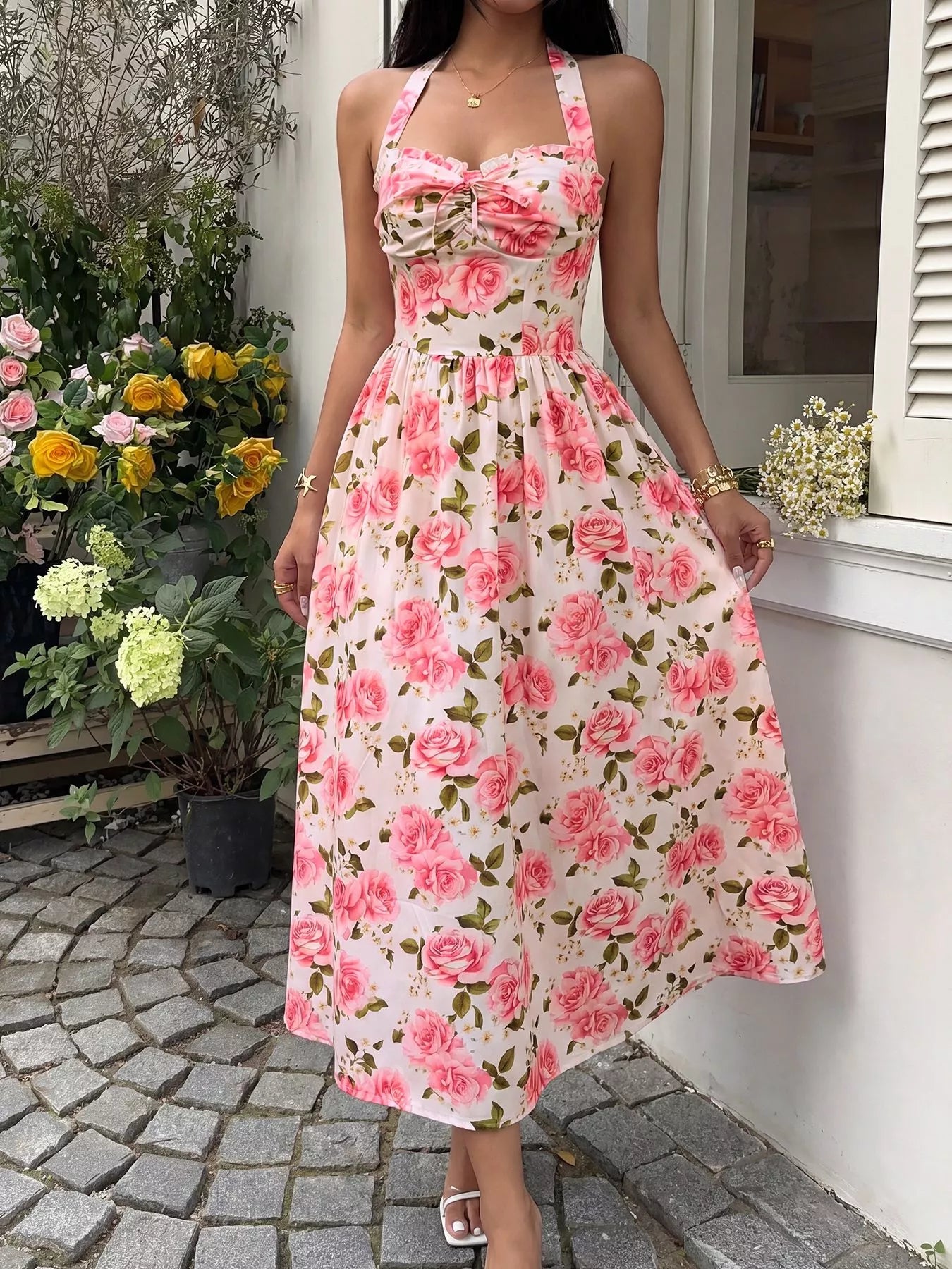 Floral Halter Midi Dress-Tactilefable
