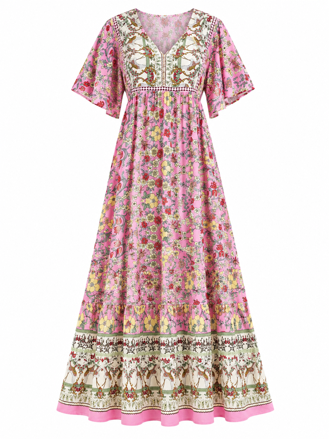 Floral Boho V-Neck Flutter Sleeve Maxi Dress-Tactilefable
