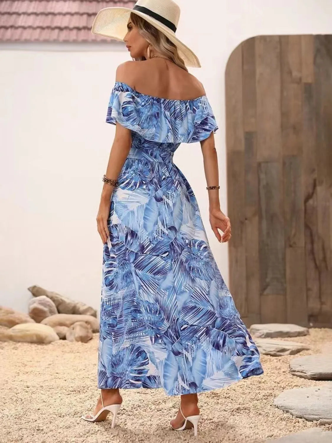 Moonlit Ruffled Printed Off Shoulder Maxi Dress | 4 colors | Poundton-Tactilefable