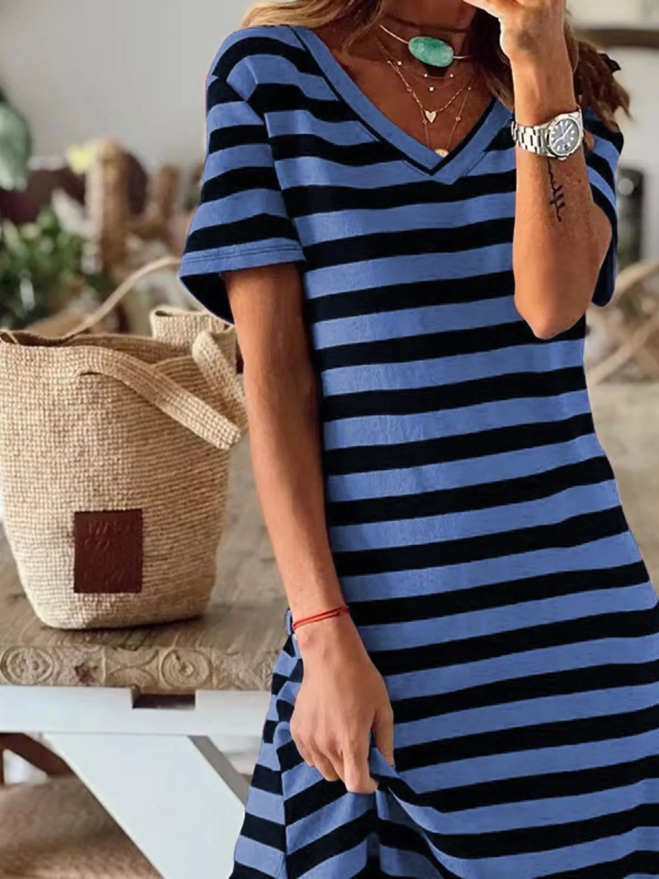Vivian Striped V-Neck Midi T-shirt Dress with Side Slit | 4 Colors-Tactilefable