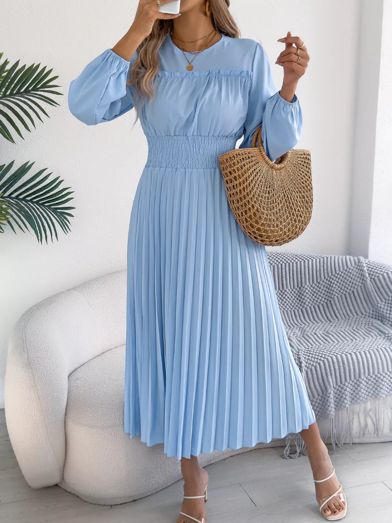 Pleated Waist-Defined Midi Dress | 3 Colors | Poundton-Tactilefable