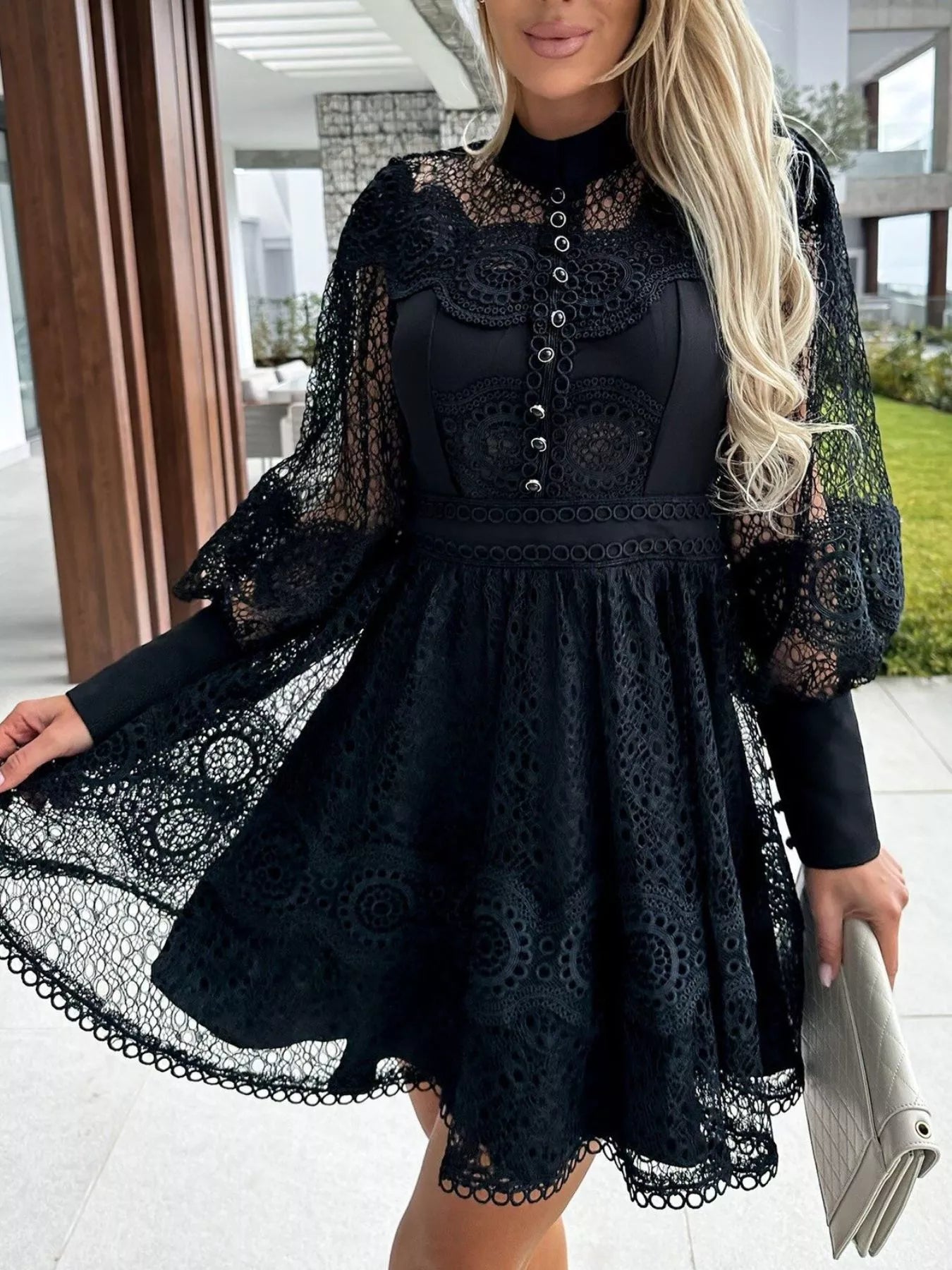 Althea Vintage Lace Lantern Sleeve Mini Dress | 2 Colors | Poundton-Tactilefable