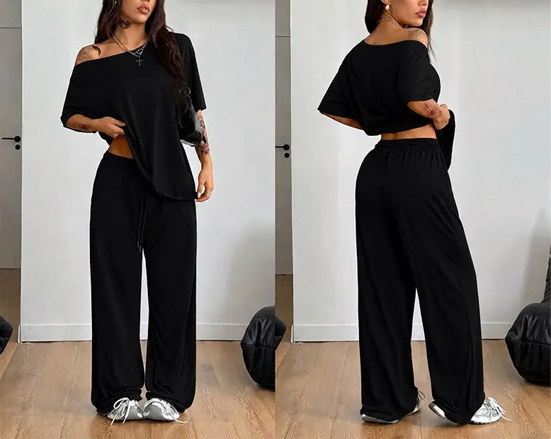2 Pcs/Set Women's Minimalist Basic Daily Wear, Going Out, Sport Comfortable Off Shoulder T-Shirt and Wide Leg Pants Two Pieces Outfits, Womenswear 2 Pcs/Set Women's Minimalist Basic Daily Wear, Going Out, Sport Comfortable Off Shoulder T-Shirt and Wide Leg Pants Two Pieces Outfits, Womenswear