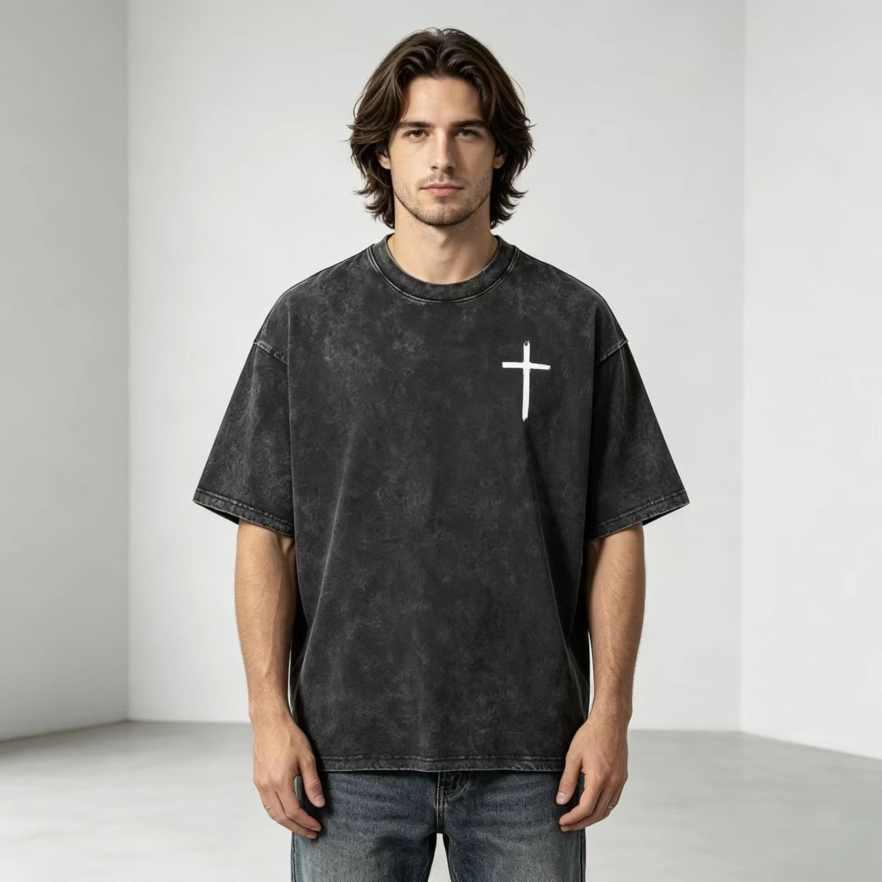 Men's Cotton Graphic Tee - Menswear Short-Sleeve Round Neck, Casual Loose-Fit Dual-Sided Print, Vintage Washed 230gsm Heavyweight Stretch Cotton Knit Black Shirt-TACTILEFABLE
