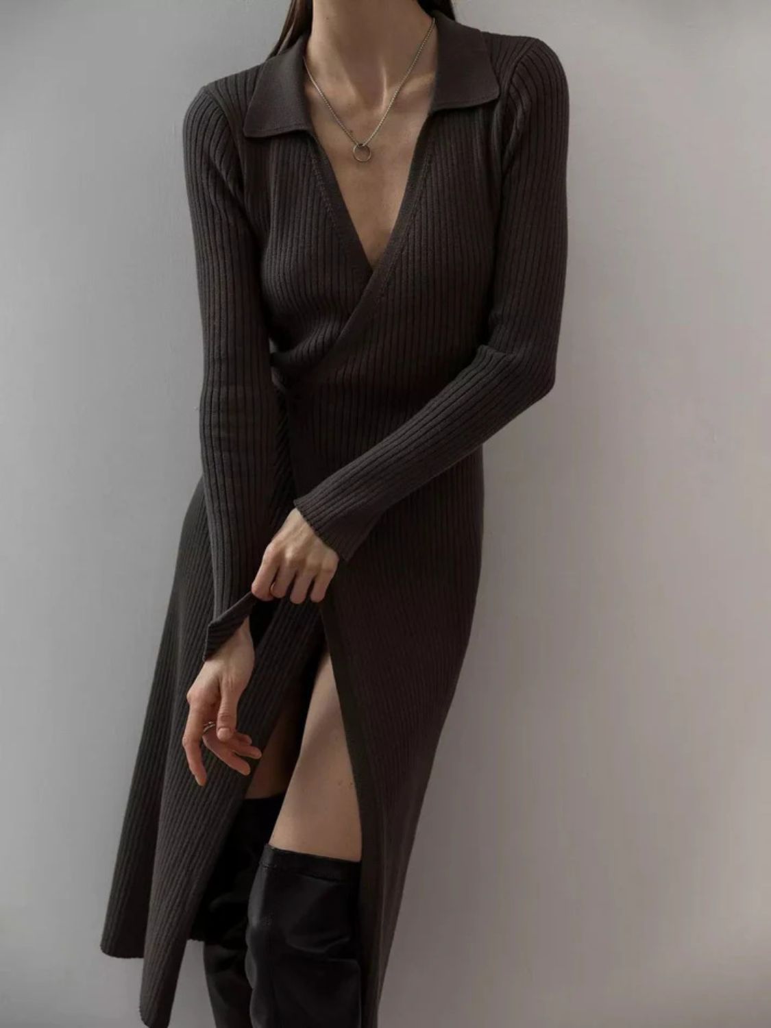 Maya Tied Collared Neck Long Sleeve Sweater Dress | 3 Colors | Poundton-Tactilefable