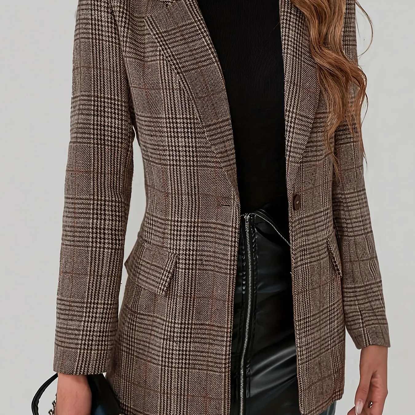 Vintage Plaid Button Front Blazer for Women - Brown, Woven Cotton Spandex