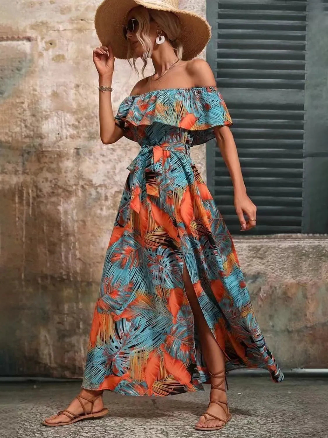 Moonlit Ruffled Printed Off Shoulder Maxi Dress | 4 colors | Poundton-Tactilefable