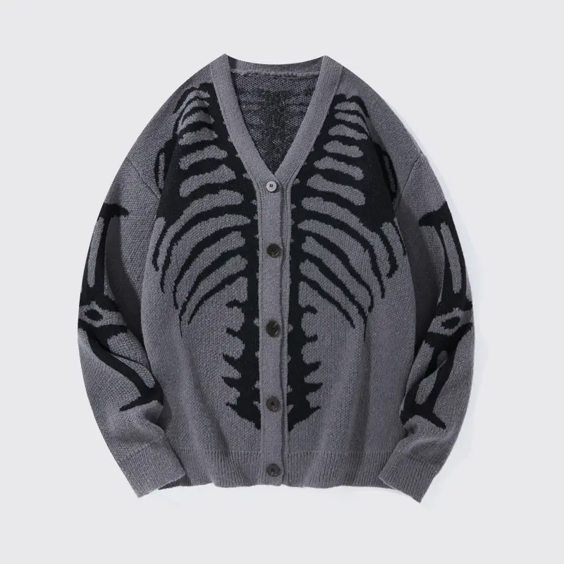 Women's Skeleton Print Knit Cardigan V-Neck Drop-Shoulder Sweater for Casual Wear-Tactilefable