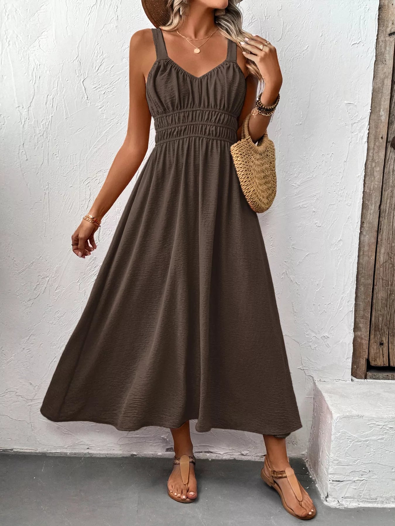 Smocked Sundress Midi | Light Blue or Coffee Brown-Tactilefable