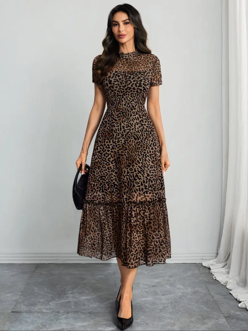 Women's Sexy Leopard Print Elegant Round Neck Mesh Skirt Dress, Stylish Casual Fashion, Perfect for Parties and Daily Wear, Date Night Dresses