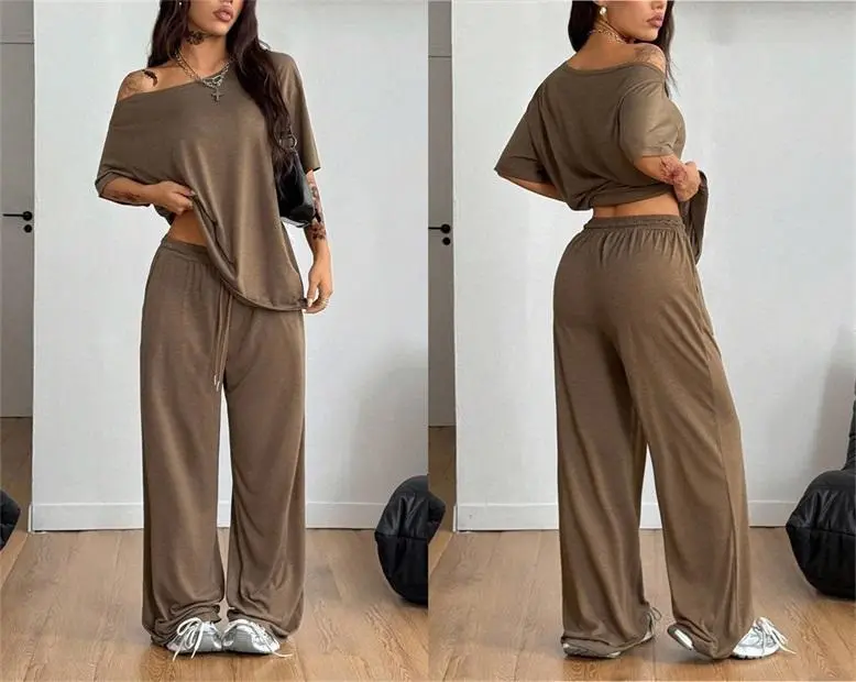 2 Pcs/Set Women's Minimalist Basic Daily Wear, Going Out, Sport Comfortable Off Shoulder T-Shirt and Wide Leg Pants Two Pieces Outfits, Womenswear 2 Pcs/Set Women's Minimalist Basic Daily Wear, Going Out, Sport Comfortable Off Shoulder T-Shirt and Wide Leg Pants Two Pieces Outfits, Womenswear