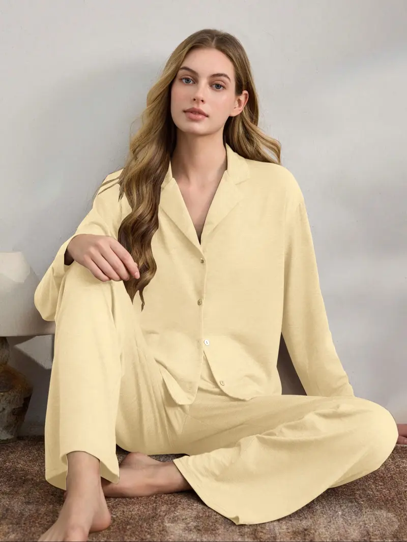 Women's Casual Fall Winter Pajama Set, Soft Skin-Friendly Fabric, Long Sleeve Lapel Design, Indoor Outdoor Wear, Two-Piece Sleepwear