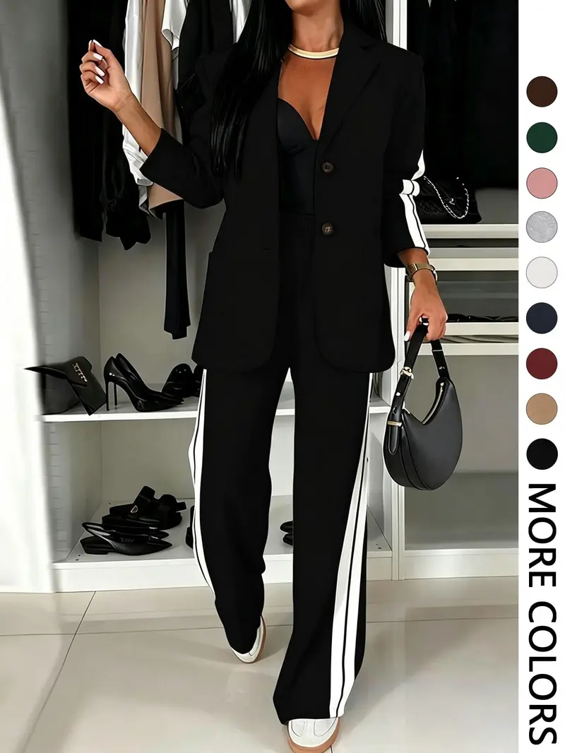 Women's Fall Winter Suit Set, Blazer + Wide Leg Striped Pants, Casual Daily Wear, Home & Outdoors Essential, Includes Pockets