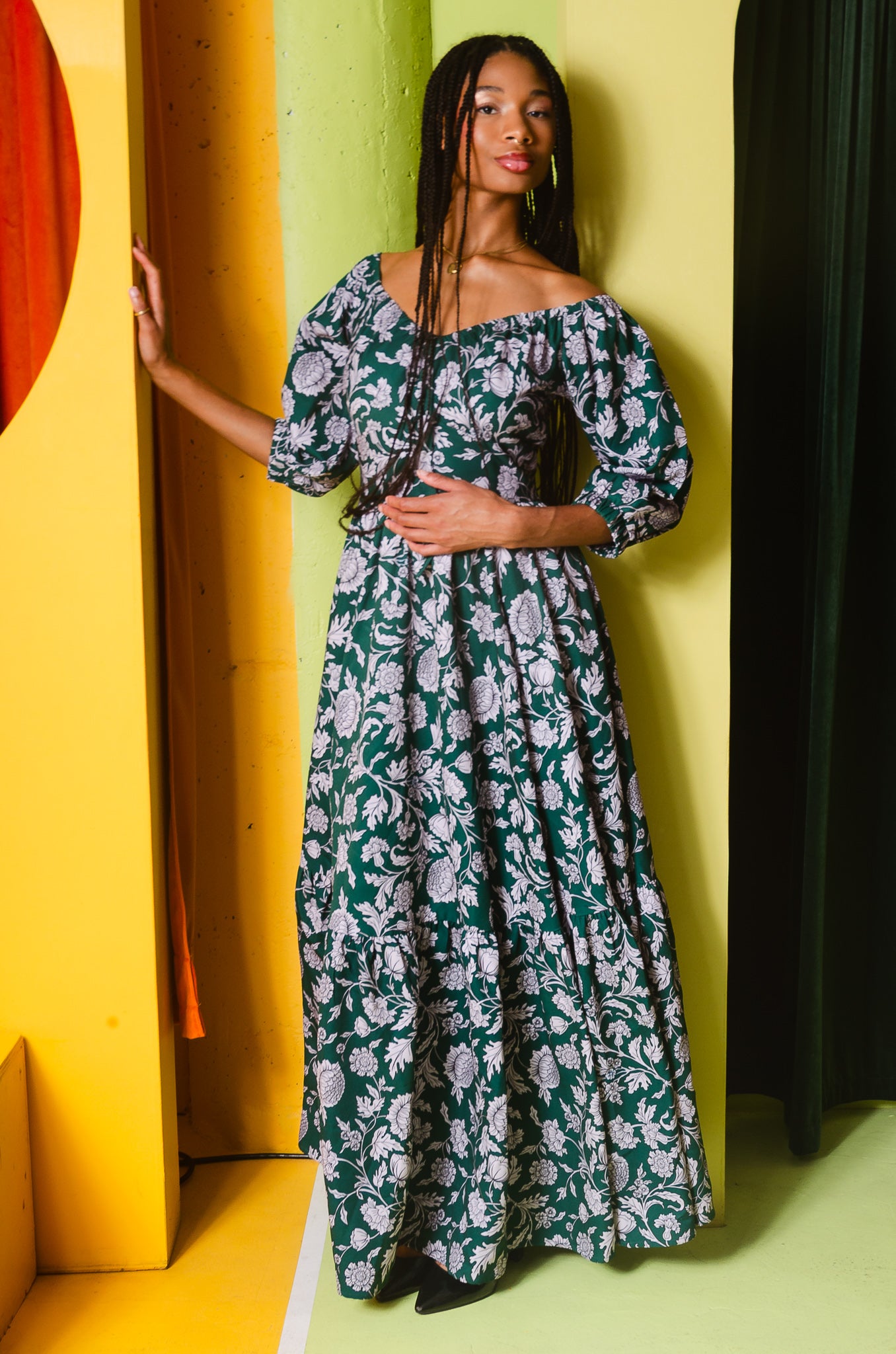 Molly 70s Floral Vintage Maxi Gown in Capri Floral Green-Tactilefable