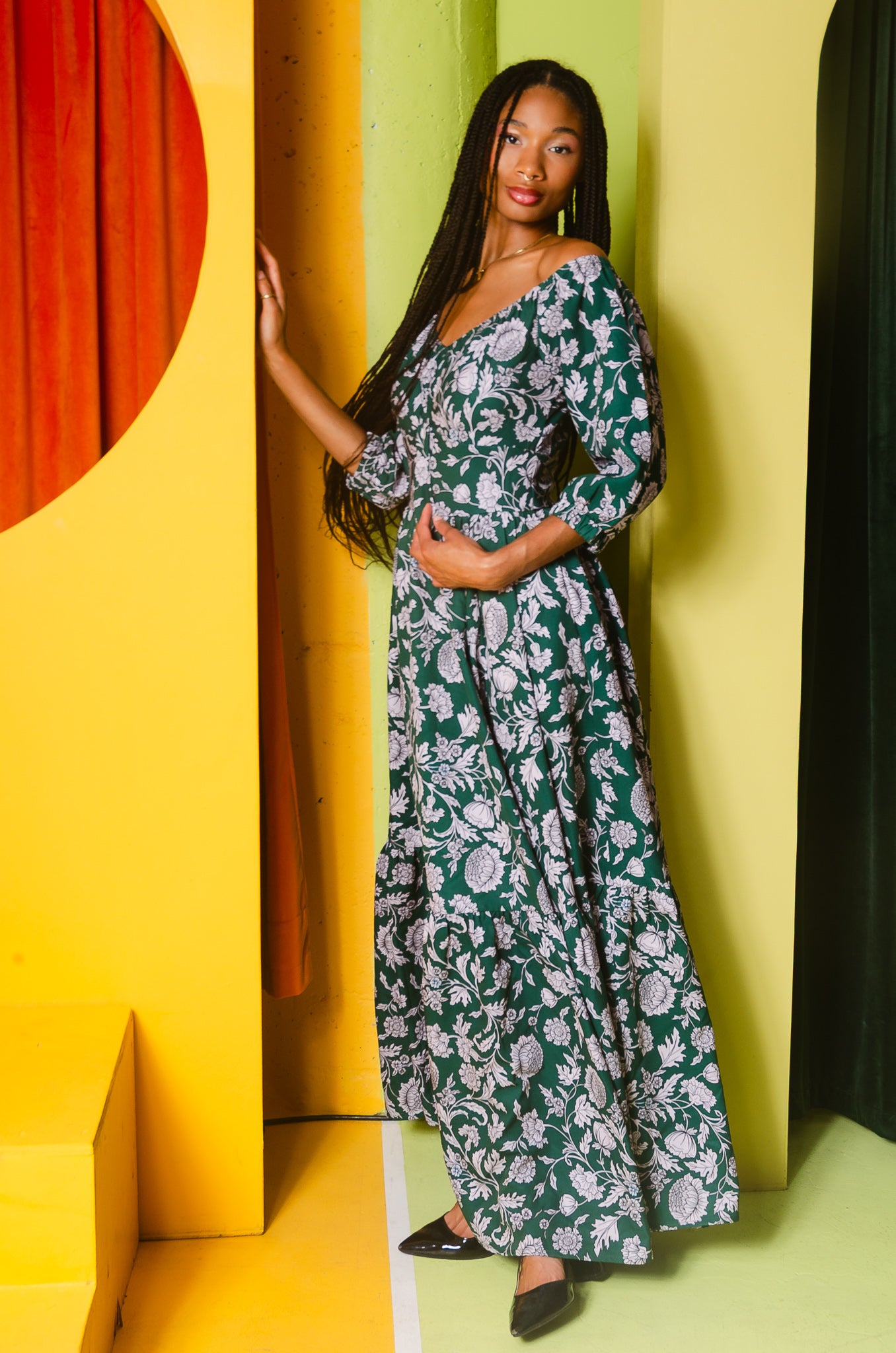 Molly 70s Floral Vintage Maxi Gown in Capri Floral Green-Tactilefable