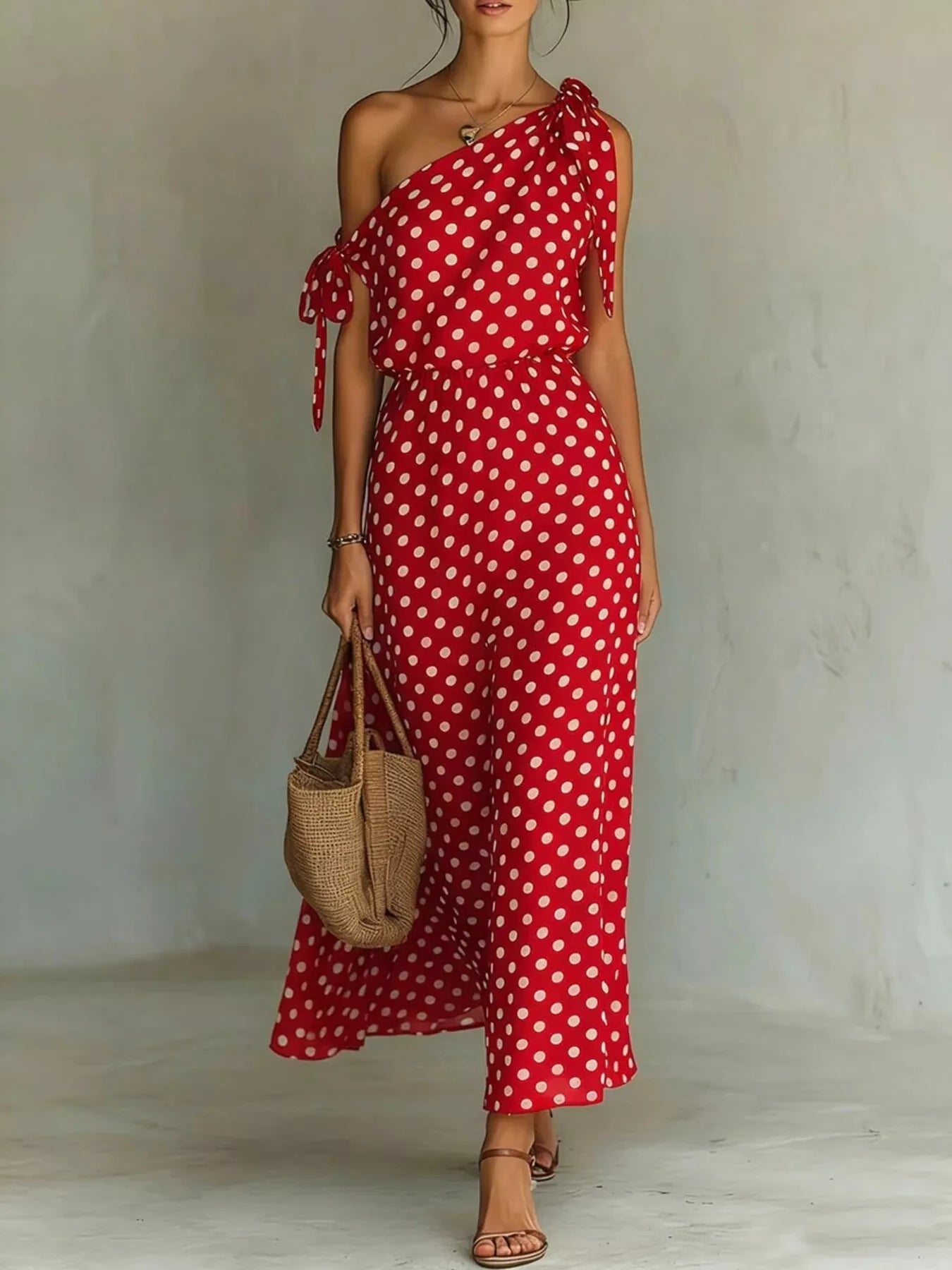 Dorothea One-Shoulder Polka Dot Midi Dress | 6 Colors-Tactilefable