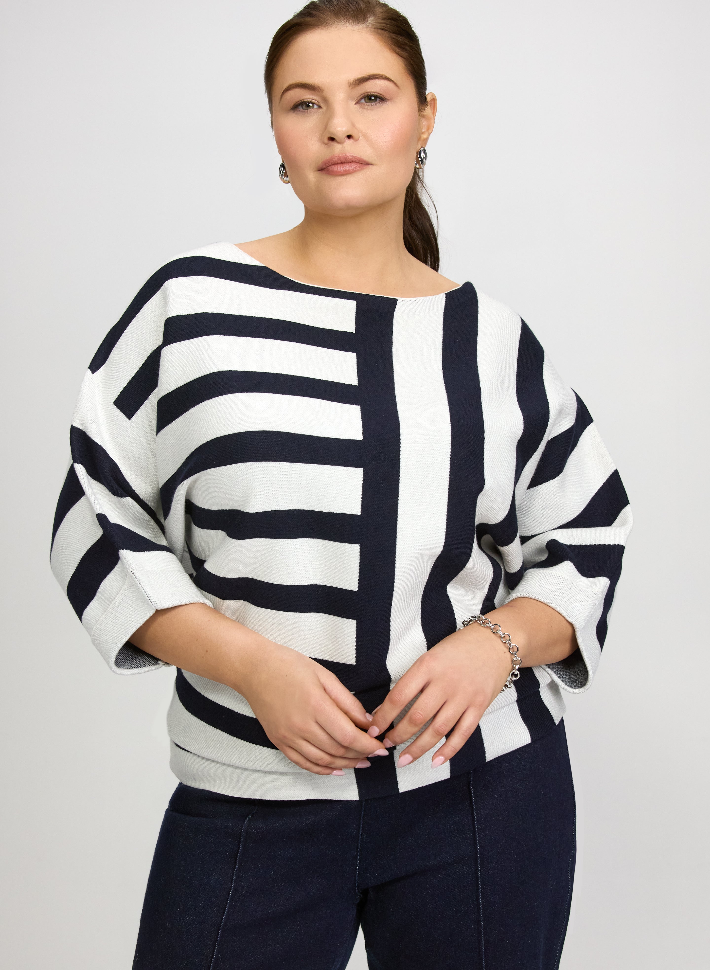 Stripe 3/4 Sleeve Pullover-Tactilefable