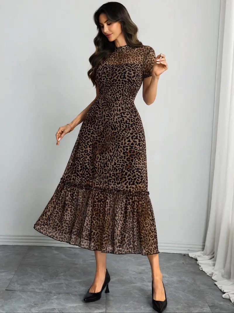 Women's Sexy Leopard Print Elegant Round Neck Mesh Skirt Dress, Stylish Casual Fashion, Perfect for Parties and Daily Wear, Date Night Dresses
